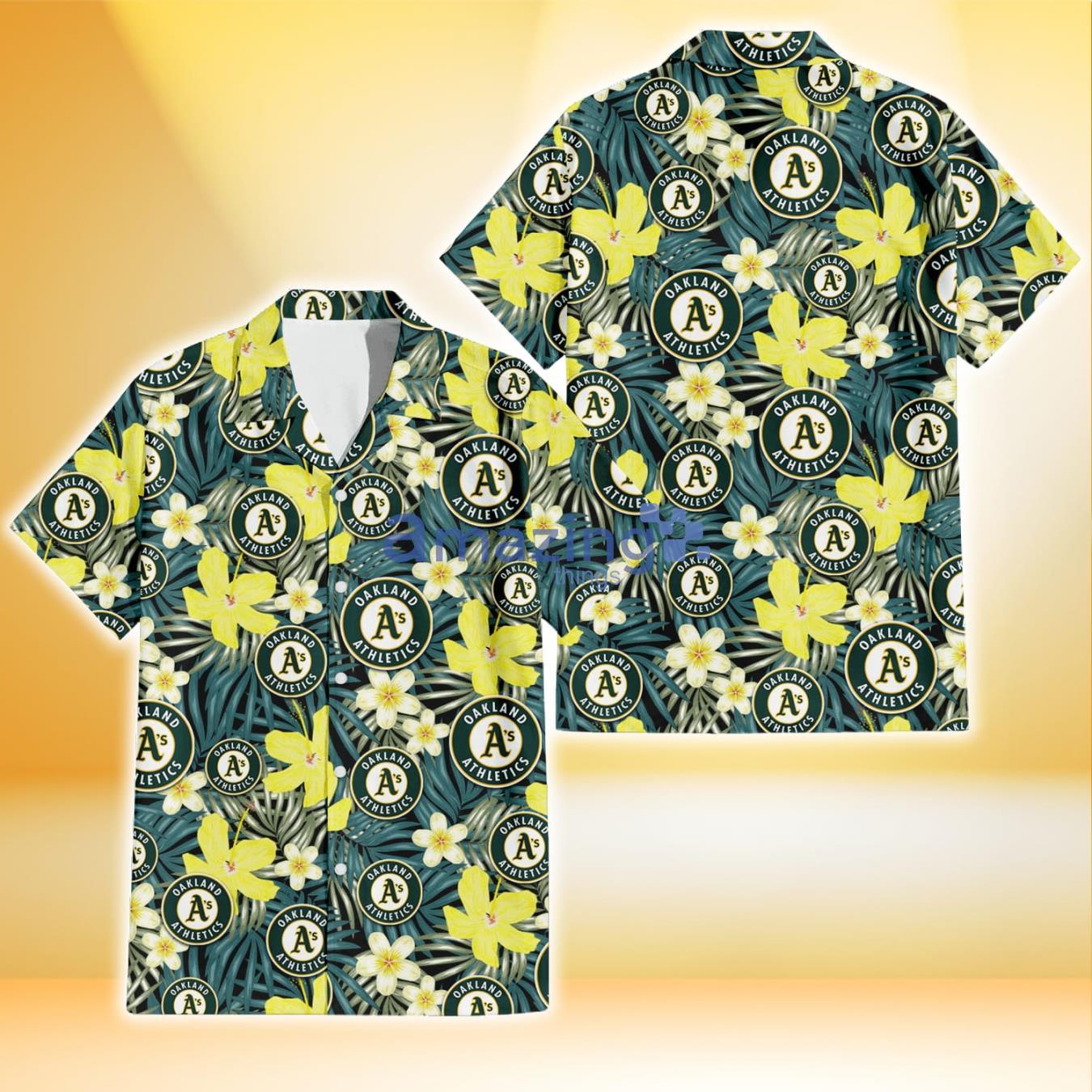 Oakland Athletics Hibiscus Green Palm Leaf Black Background 3D Hawaiian Shirt Gift For Fans Product Photo 1