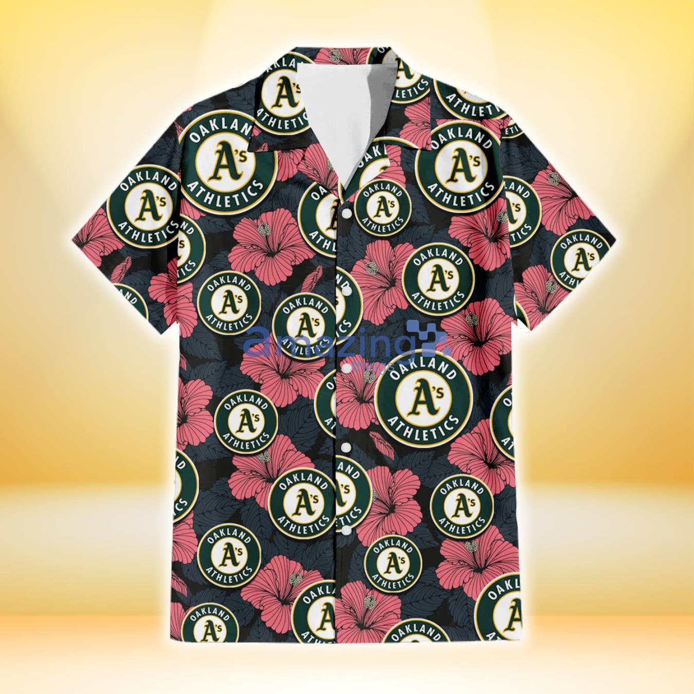 Oakland Athletics Light Coral Hibiscus Gray Leaf Black Background 3D Hawaiian Shirt Gift For Fans Product Photo 2