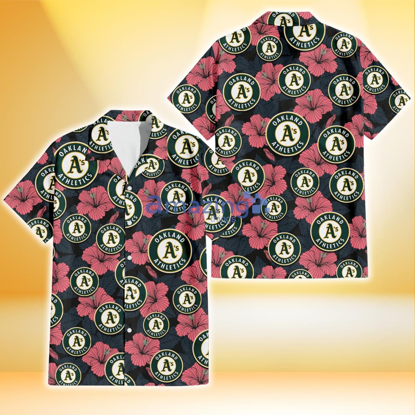 Oakland Athletics Light Coral Hibiscus Gray Leaf Black Background 3D Hawaiian Shirt Gift For Fans Product Photo 1