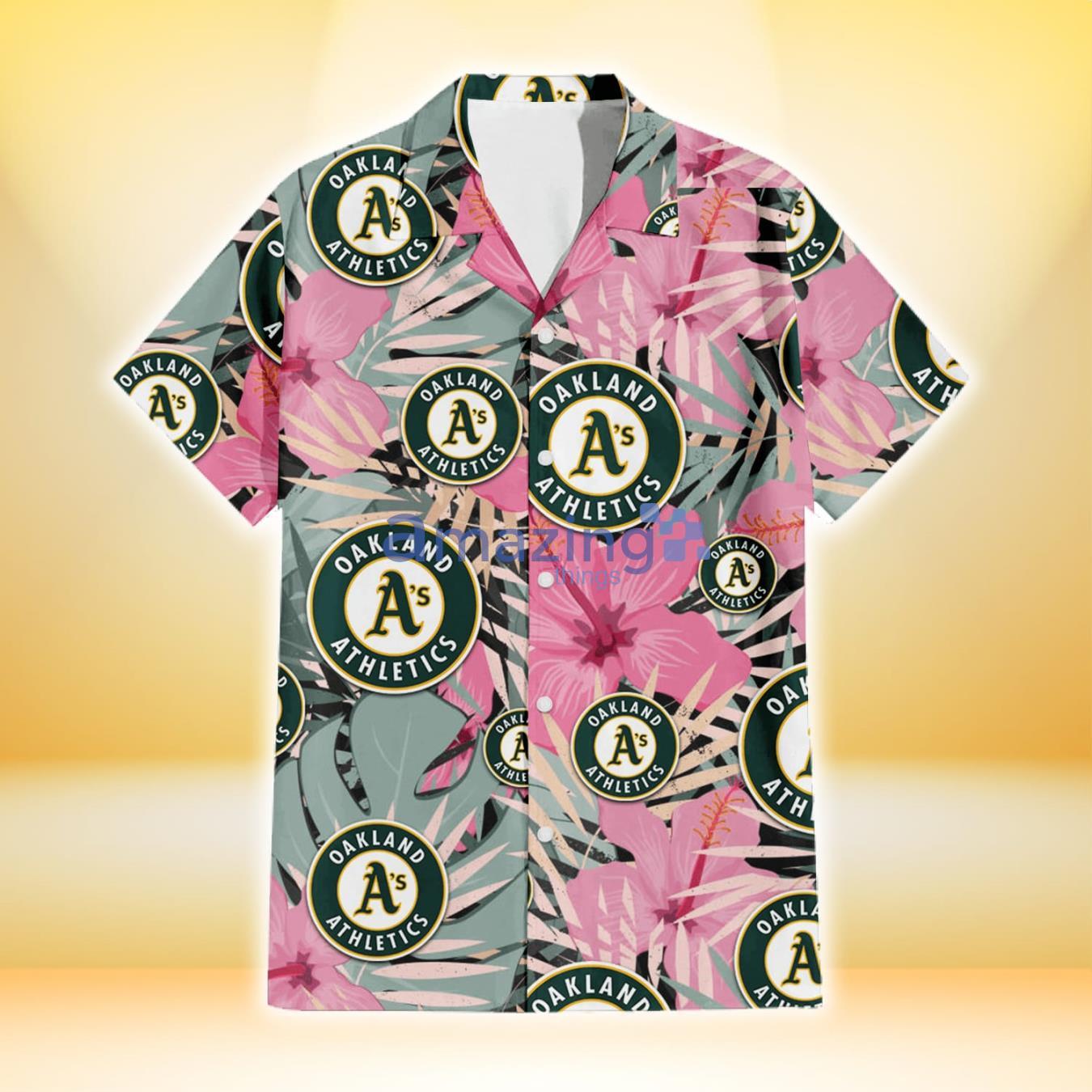 Oakland Athletics Light Pink Hibiscus Pale Green Leaf Black Background 3D Hawaiian Shirt Gift For Fans Product Photo 2