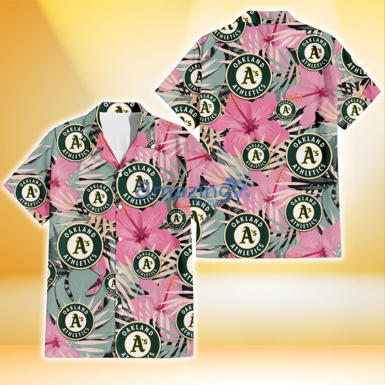 Oakland Athletics Light Pink Hibiscus Pale Green Leaf Black Background 3D Hawaiian Shirt Gift For Fans Product Photo 1