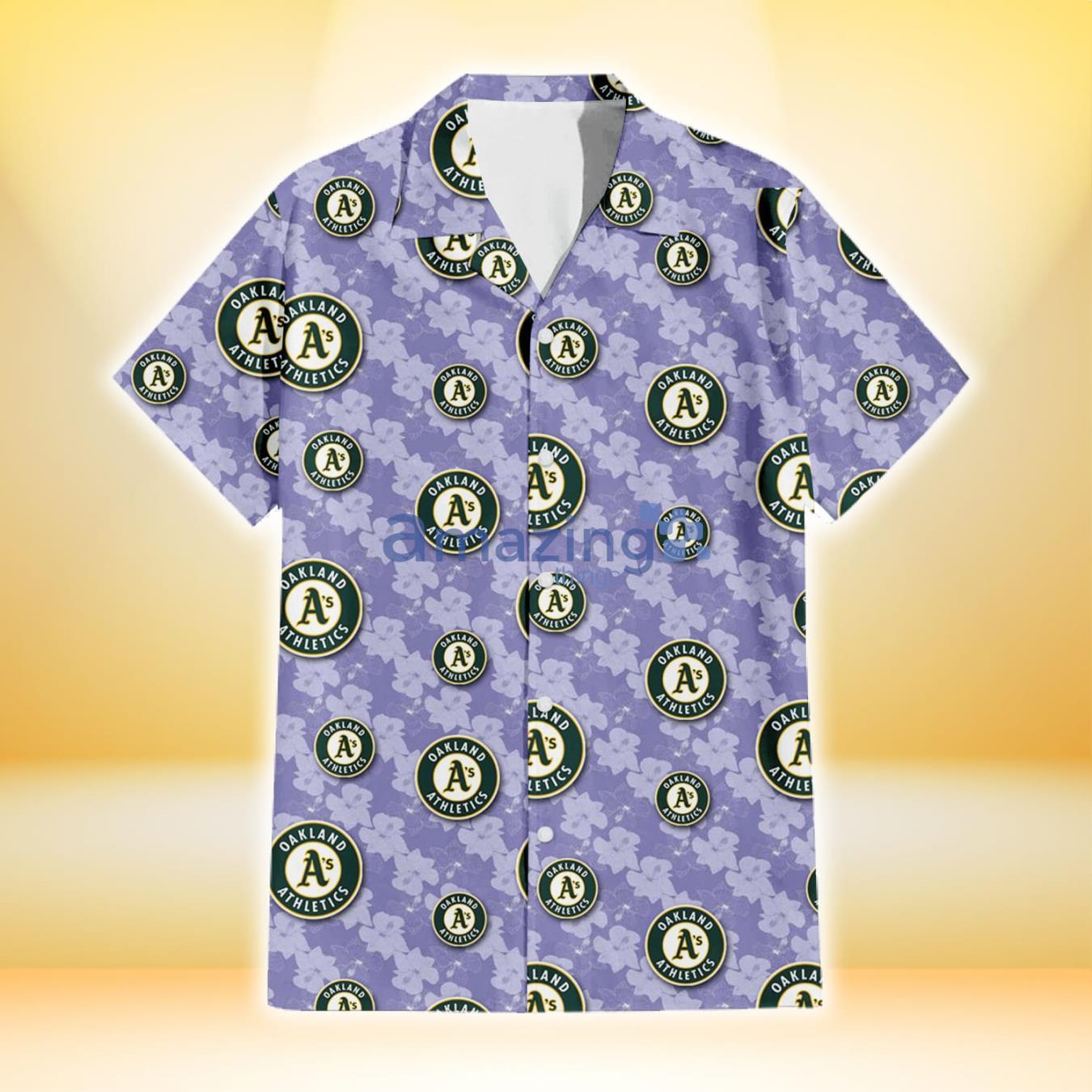 Oakland Athletics Light Purple Hibiscus Pattern Stripe Powder Purple 3D Hawaiian Shirt Gift For Fans Product Photo 2