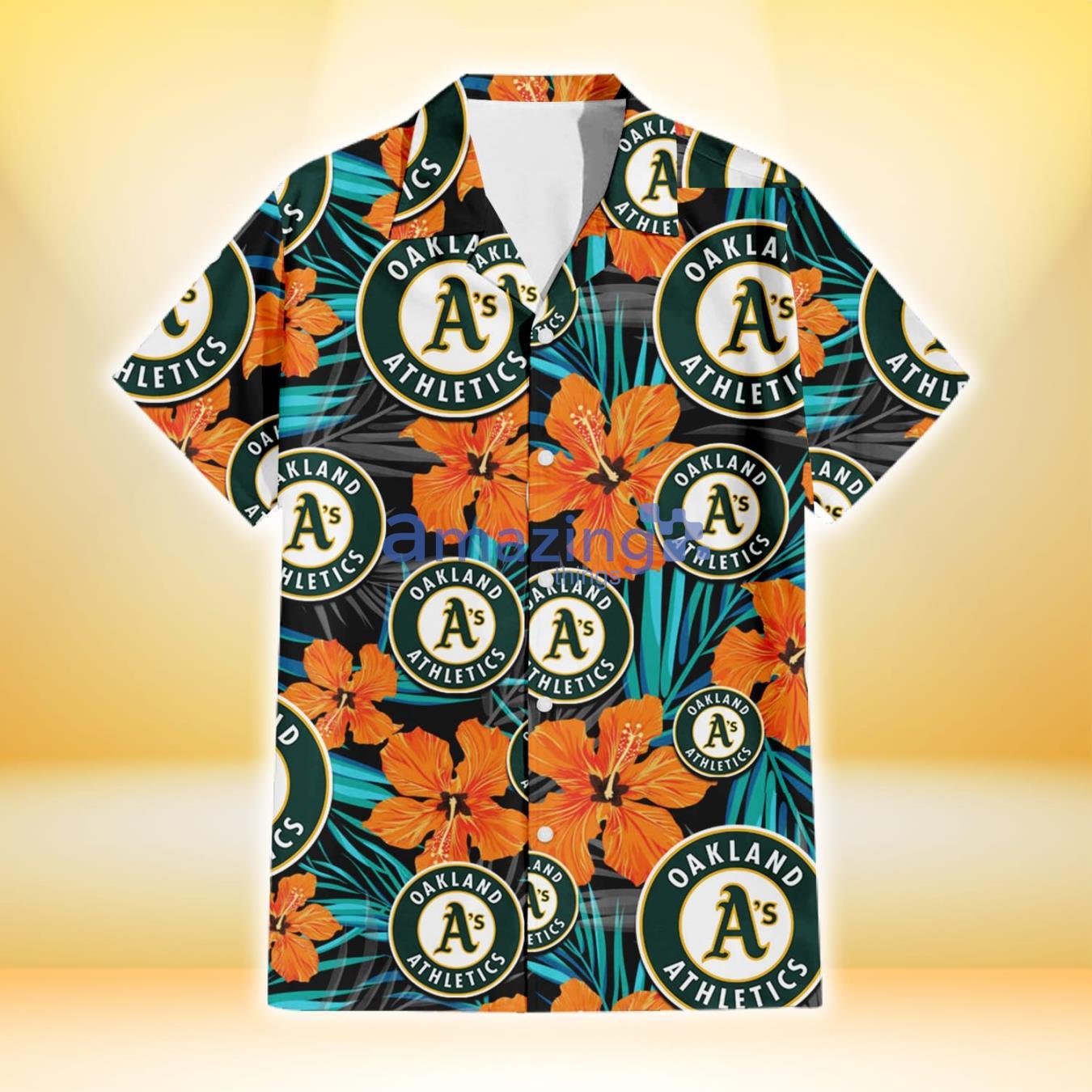 Oakland Athletics Orange Hibiscus Blue Gray Leaf Black Background 3D Hawaiian Shirt Gift For Fans Product Photo 2