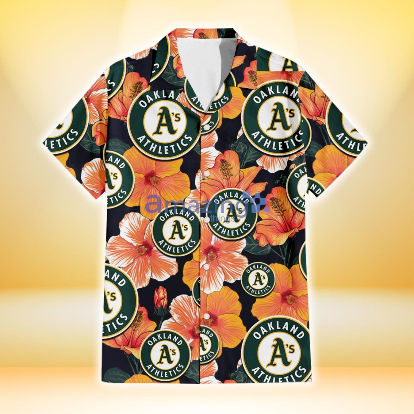 Oakland Athletics Orange Hibiscus Dark Green Leaf Black Background 3D Hawaiian Shirt Gift For Fans Product Photo 2