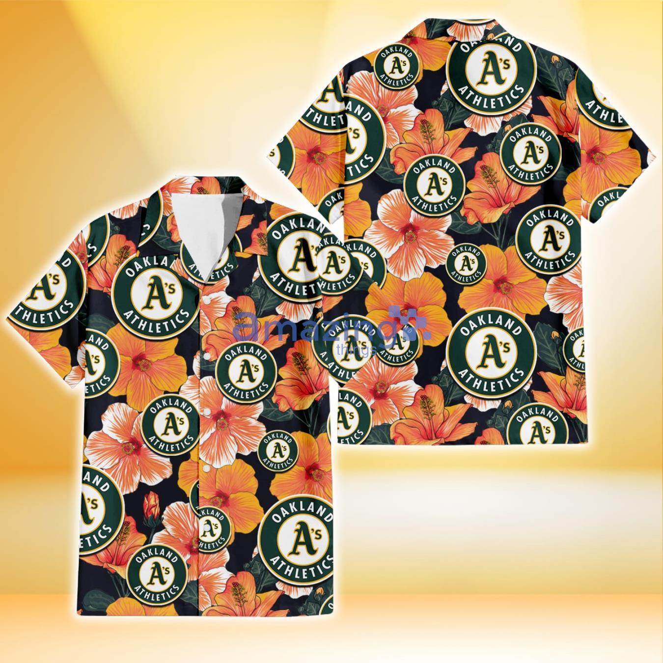 Oakland Athletics Orange Hibiscus Dark Green Leaf Black Background 3D Hawaiian Shirt Gift For Fans Product Photo 1