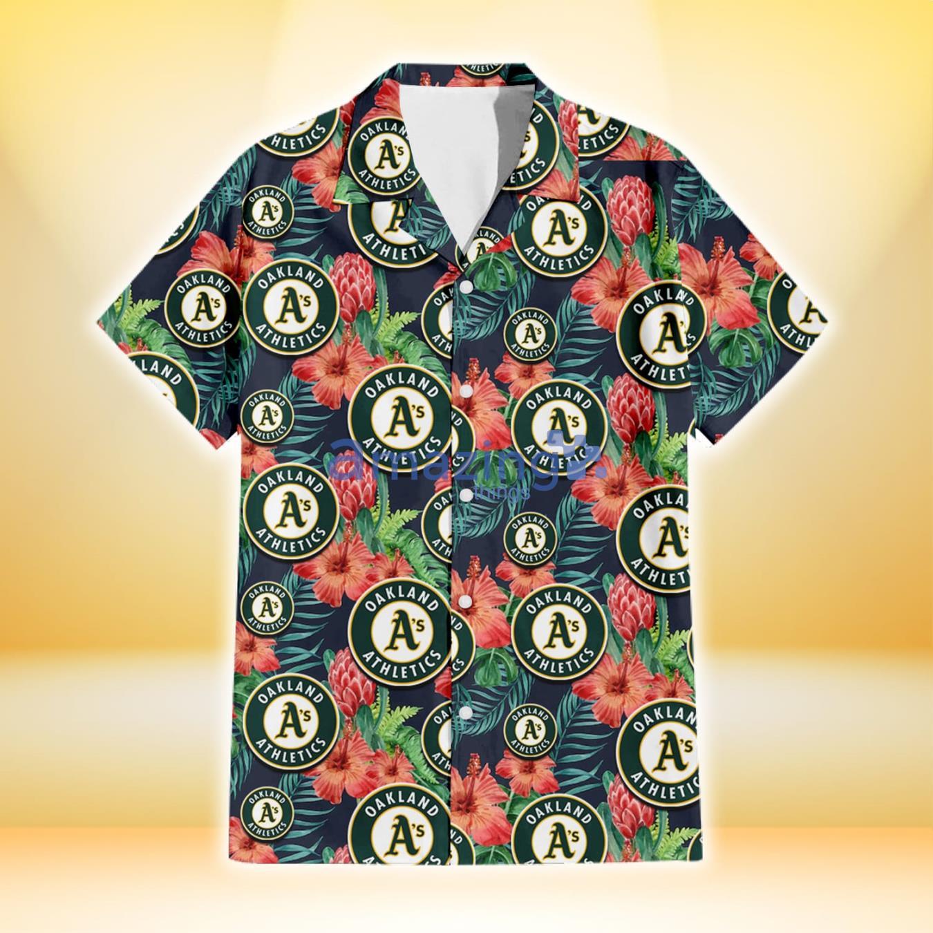 Oakland Athletics Orange Hibiscus Green Tropical Leaf Dark Background 3D Hawaiian Shirt Gift For Fans Product Photo 2