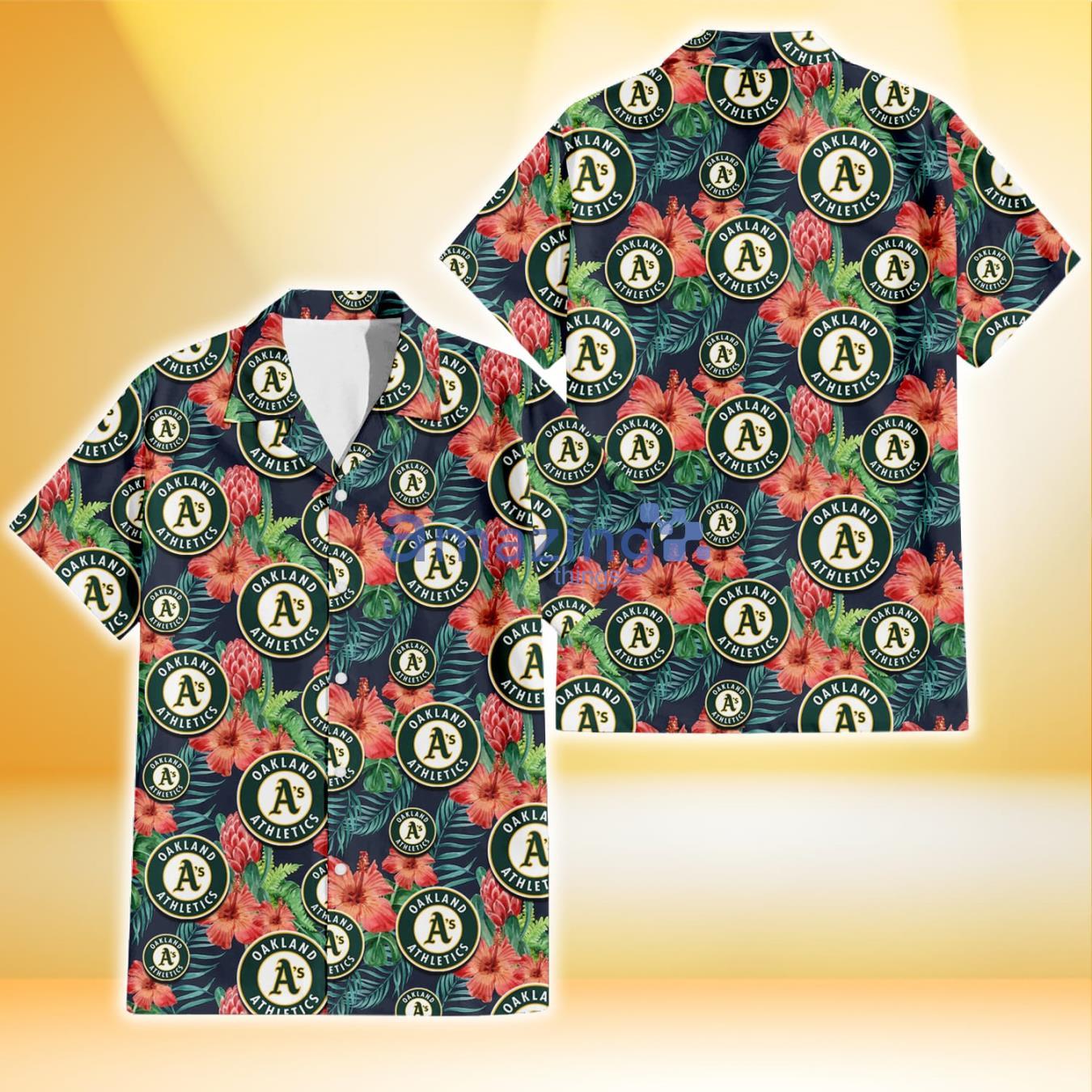 Oakland Athletics Orange Hibiscus Green Tropical Leaf Dark Background 3D Hawaiian Shirt Gift For Fans Product Photo 1