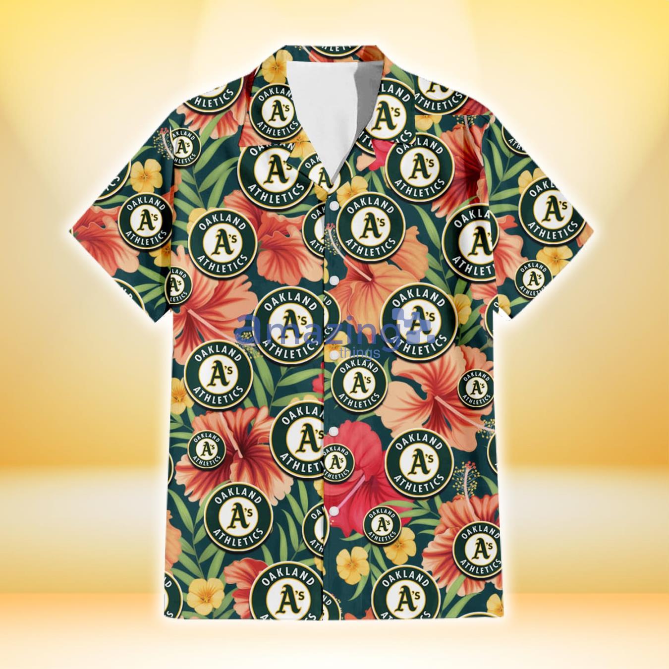 Oakland Athletics Orange Red Hibiscus Green Leaf Dark Background 3D Hawaiian Shirt Gift For Fans Product Photo 2