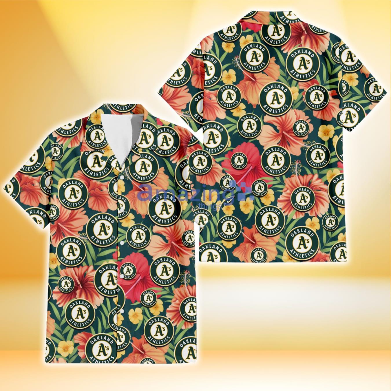 Oakland Athletics Orange Red Hibiscus Green Leaf Dark Background 3D Hawaiian Shirt Gift For Fans Product Photo 1