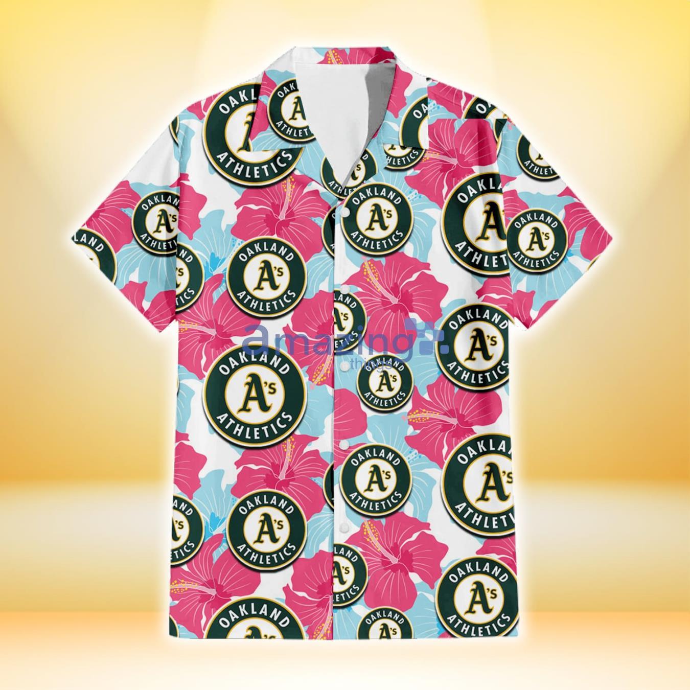 Oakland Athletics Pink Blue Hibiscus White Background 3D Hawaiian Shirt Gift For Fans image Oakland Athletics Pink Blue Hibiscus White Background 3D Hawaiian Shirt Gift For Fans Product Photo 2