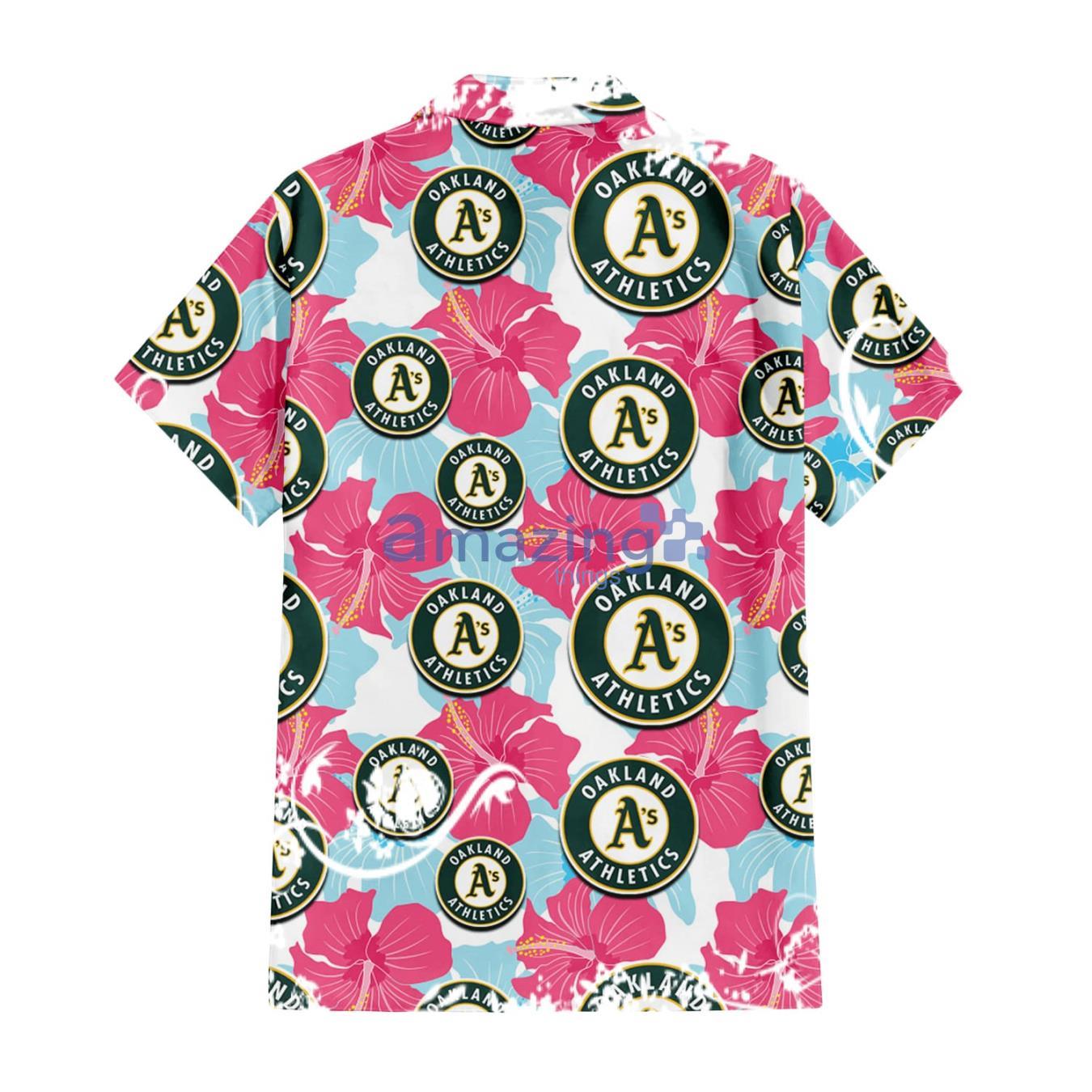 Oakland Athletics Pink Blue Hibiscus White Background 3D Hawaiian Shirt Gift For Fans image Oakland Athletics Pink Blue Hibiscus White Background 3D Hawaiian Shirt Gift For Fans Product Photo 3