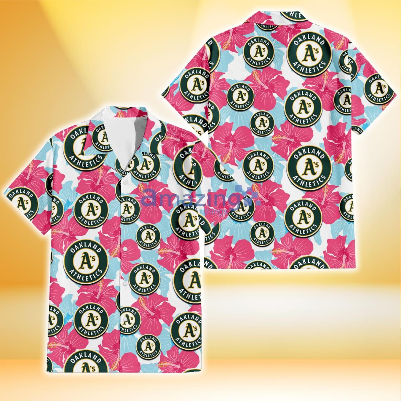 Oakland Athletics Pink Blue Hibiscus White Background 3D Hawaiian Shirt Gift For Fans Product Photo 1