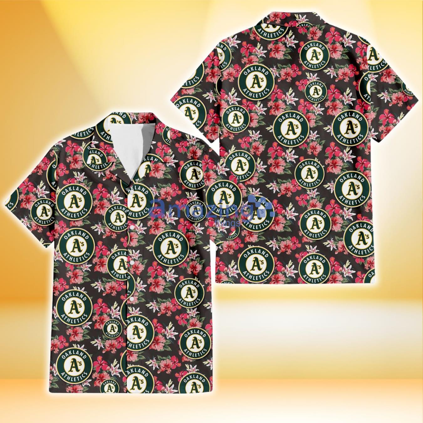 Oakland Athletics Pink Hibiscus Orchid Brown Background 3D Hawaiian Shirt Gift For Fans Product Photo 1