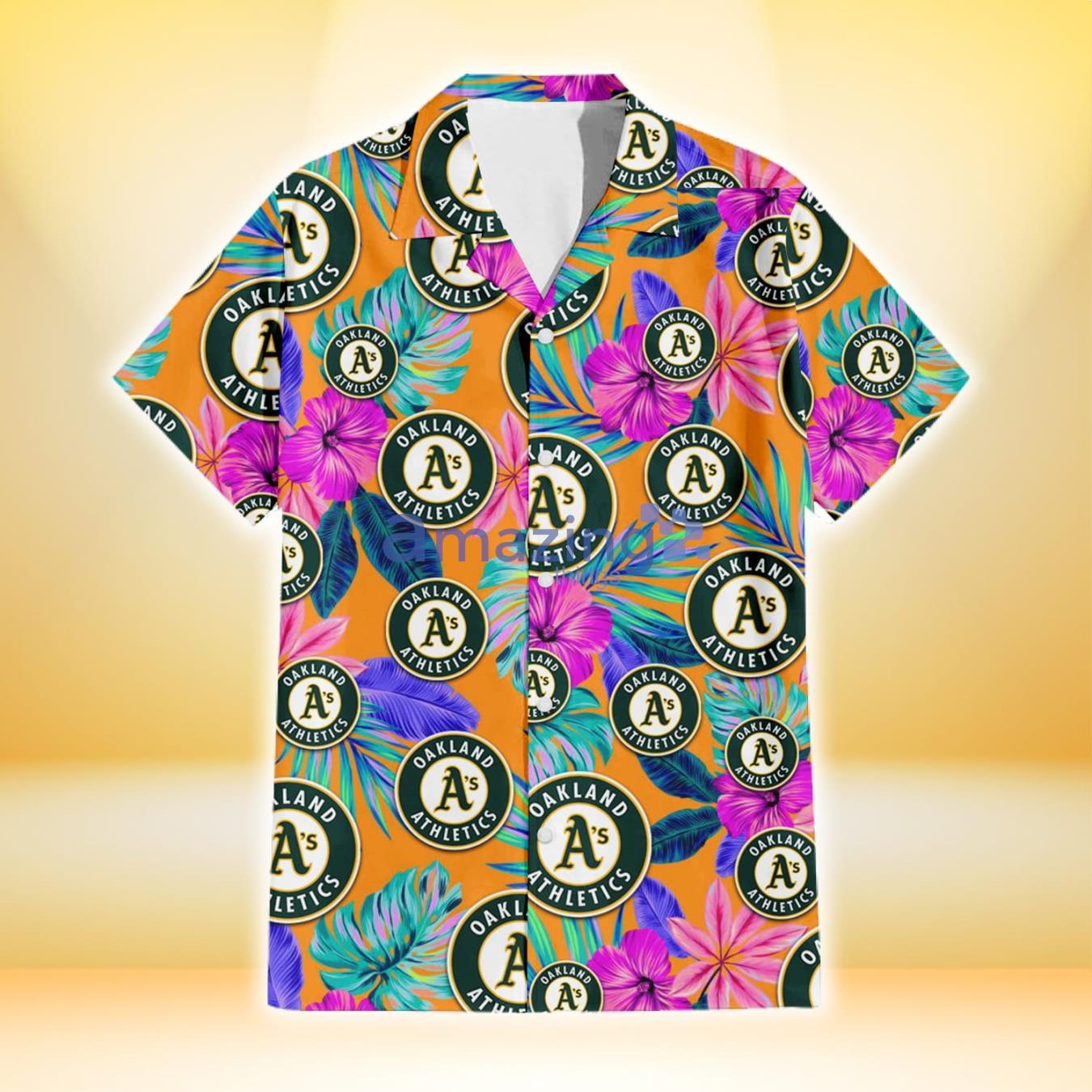 Oakland Athletics Purple Hibiscus Neon Leaf Orange Background 3D Hawaiian Shirt Gift For Fans image Oakland Athletics Purple Hibiscus Neon Leaf Orange Background 3D Hawaiian Shirt Gift For Fans Product Photo 2