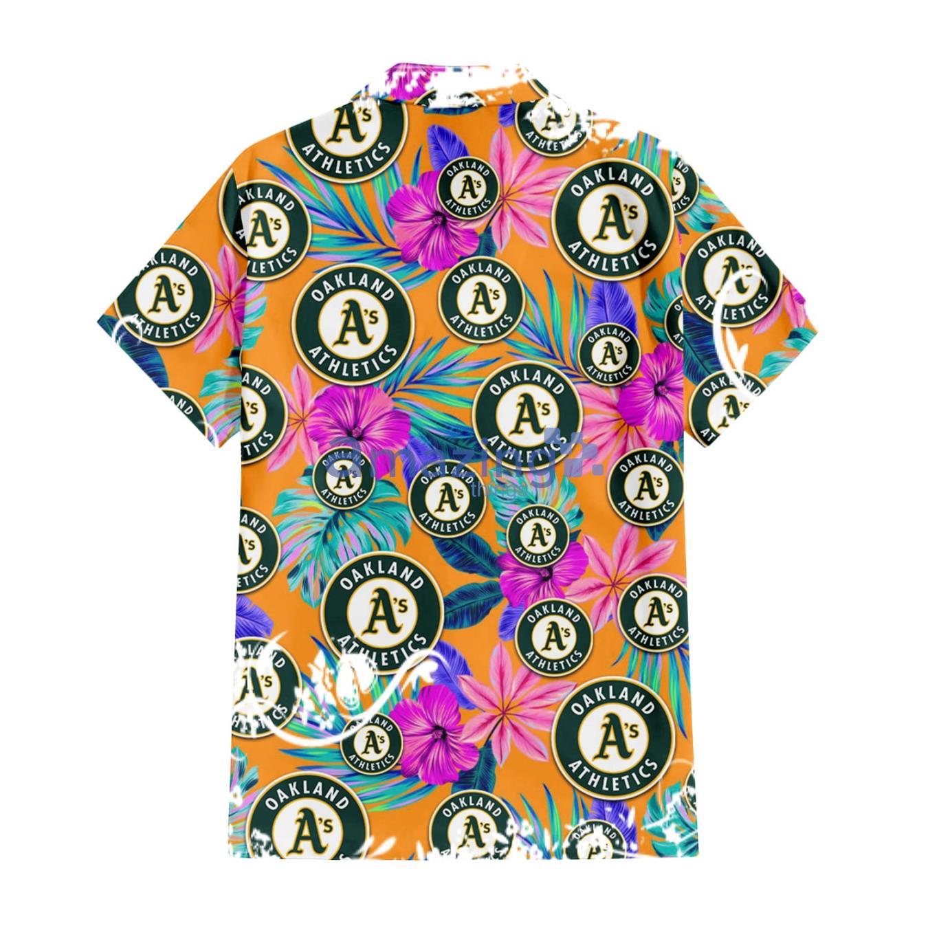 Oakland Athletics Purple Hibiscus Neon Leaf Orange Background 3D Hawaiian Shirt Gift For Fans image Oakland Athletics Purple Hibiscus Neon Leaf Orange Background 3D Hawaiian Shirt Gift For Fans Product Photo 3