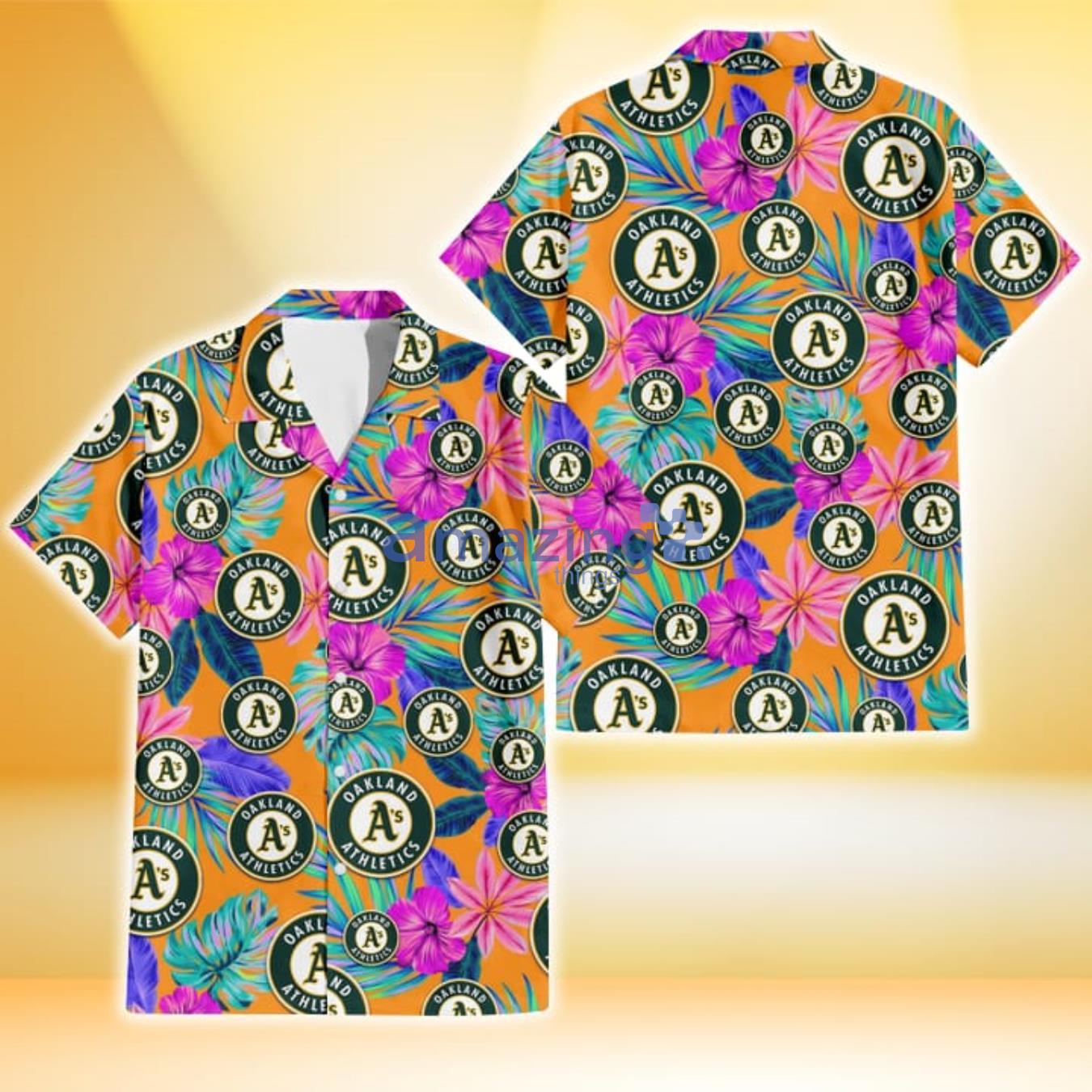 Oakland Athletics Purple Hibiscus Neon Leaf Orange Background 3D Hawaiian Shirt Gift For Fans Product Photo 1 Oakland Athletics Purple Hibiscus Neon Leaf Orange Background 3D Hawaiian Shirt Gift For Fans Product Photo 1