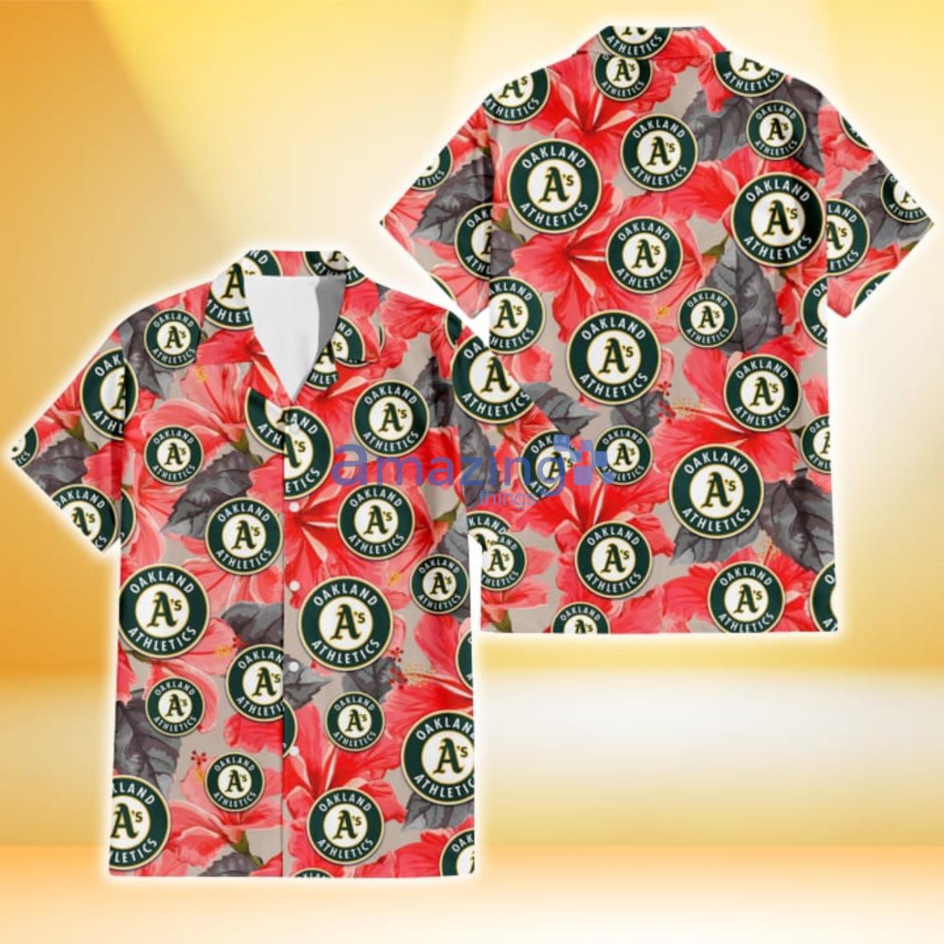 Oakland Athletics Red Hibiscus Gray Leaf Beige Background 3D Hawaiian Shirt Gift For Fans Product Photo 1