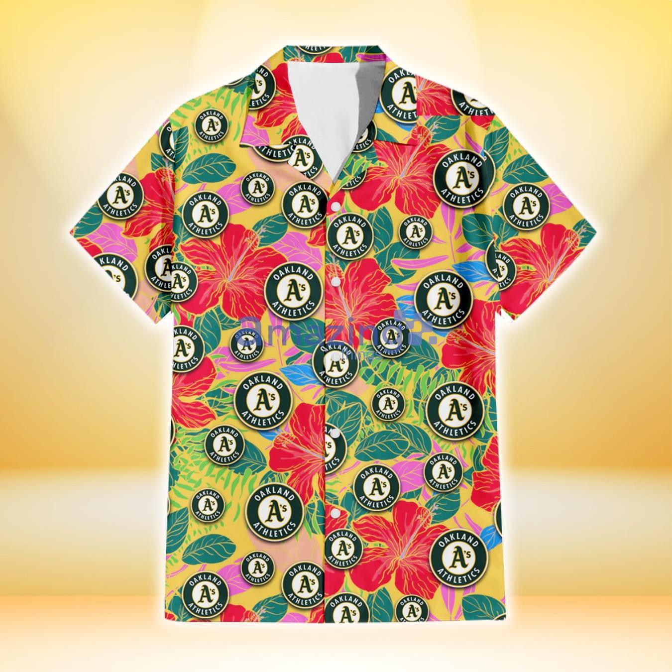 Oakland Athletics Red Hibiscus Green Blue Leaf Yellow Background 3D Hawaiian Shirt Gift For Fans image Oakland Athletics Red Hibiscus Green Blue Leaf Yellow Background 3D Hawaiian Shirt Gift For Fans Product Photo 2