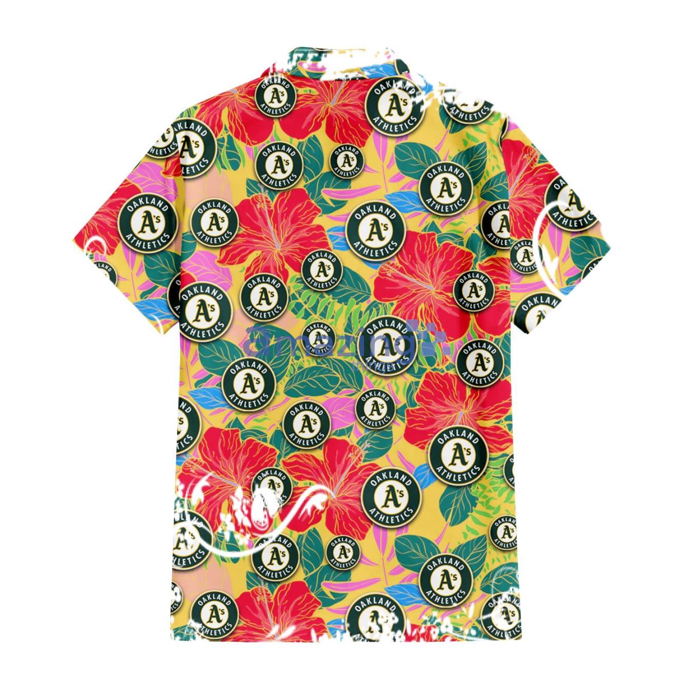 Oakland Athletics Red Hibiscus Green Blue Leaf Yellow Background 3D Hawaiian Shirt Gift For Fans image Oakland Athletics Red Hibiscus Green Blue Leaf Yellow Background 3D Hawaiian Shirt Gift For Fans Product Photo 3