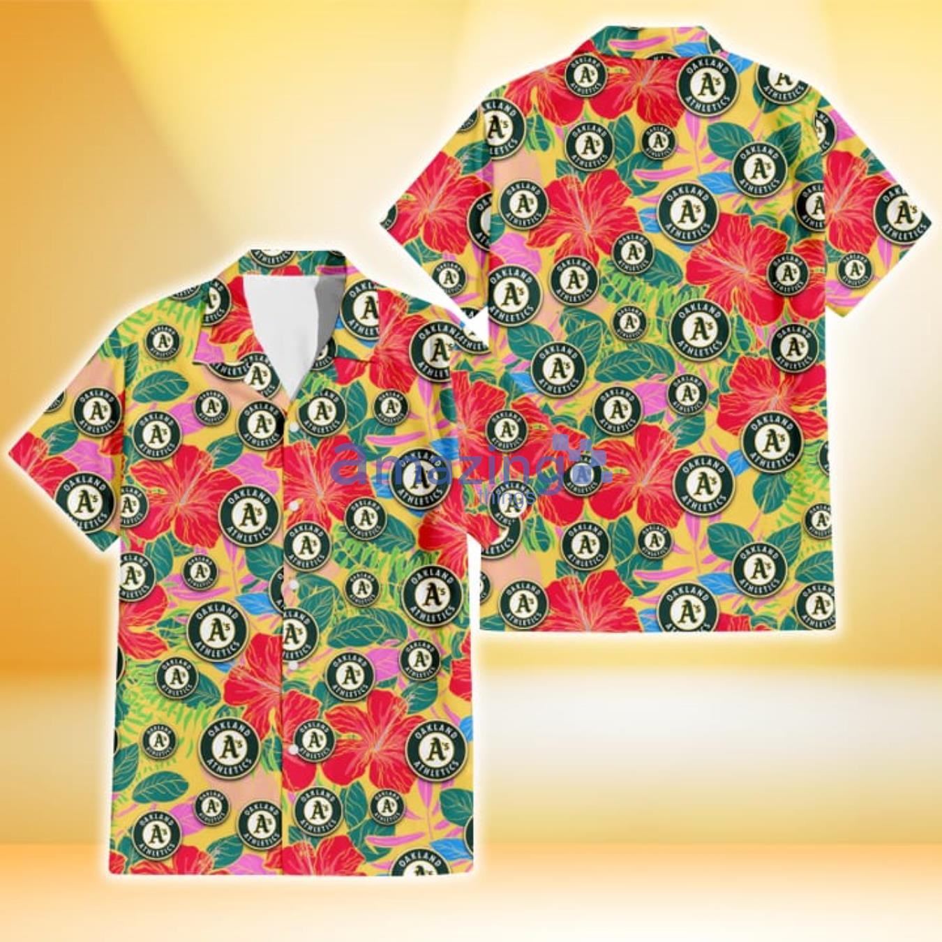 Oakland Athletics Red Hibiscus Green Blue Leaf Yellow Background 3D Hawaiian Shirt Gift For Fans Product Photo 1
