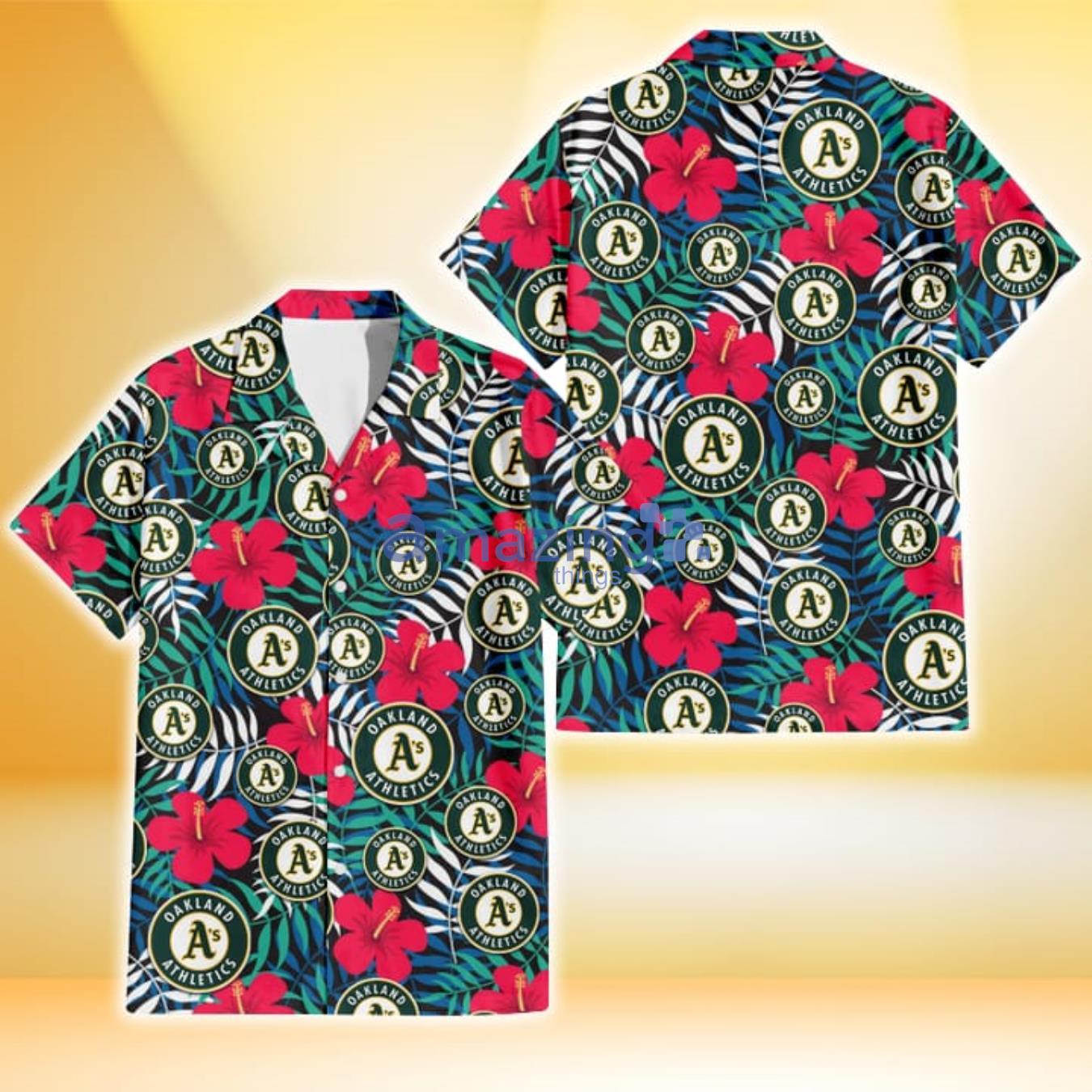 Oakland Athletics Red Hibiscus Green Blue White Leaf Black Background 3D Hawaiian Shirt Gift For Fans Product Photo 1