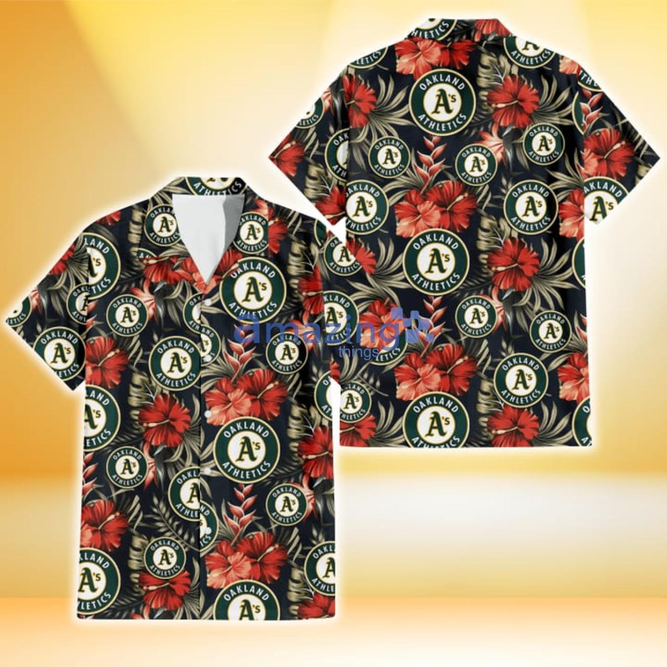 Oakland Athletics Red Hibiscus Green Leaf Dark Background 3D Hawaiian Shirt Gift For Fans Product Photo 1