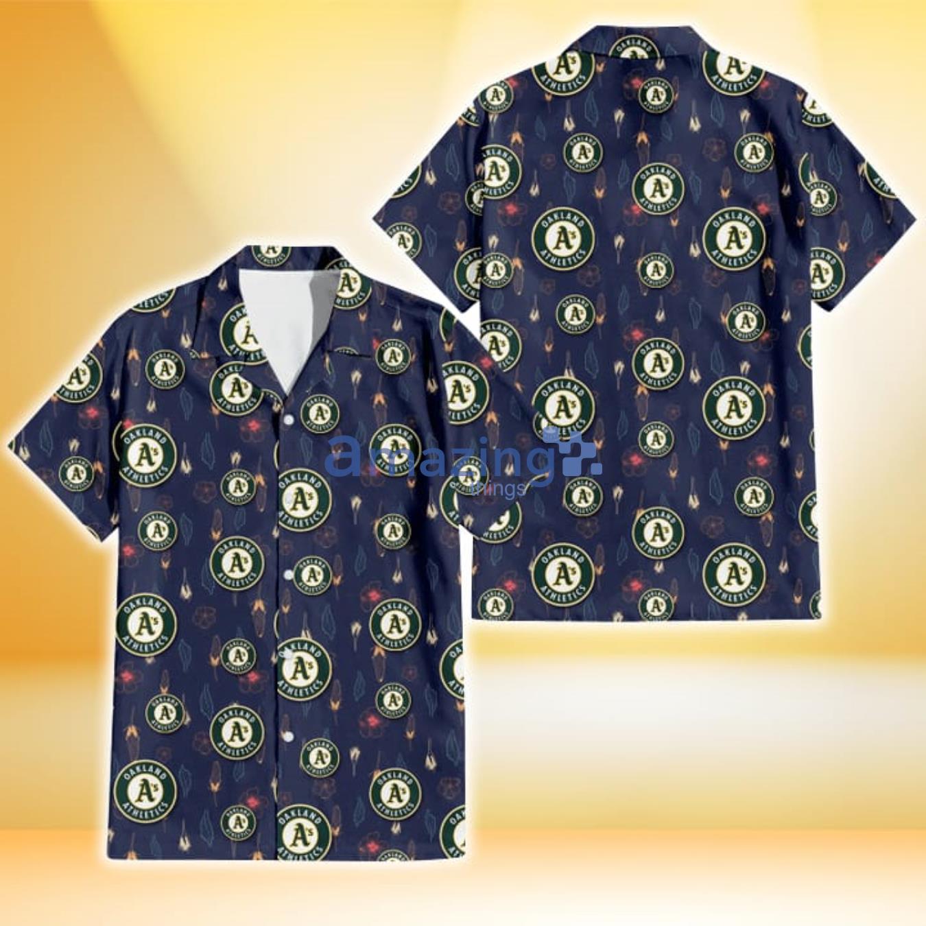 Oakland Athletics Small Hibiscus Buds Navy Background 3D Hawaiian Shirt Gift For Fans Product Photo 1