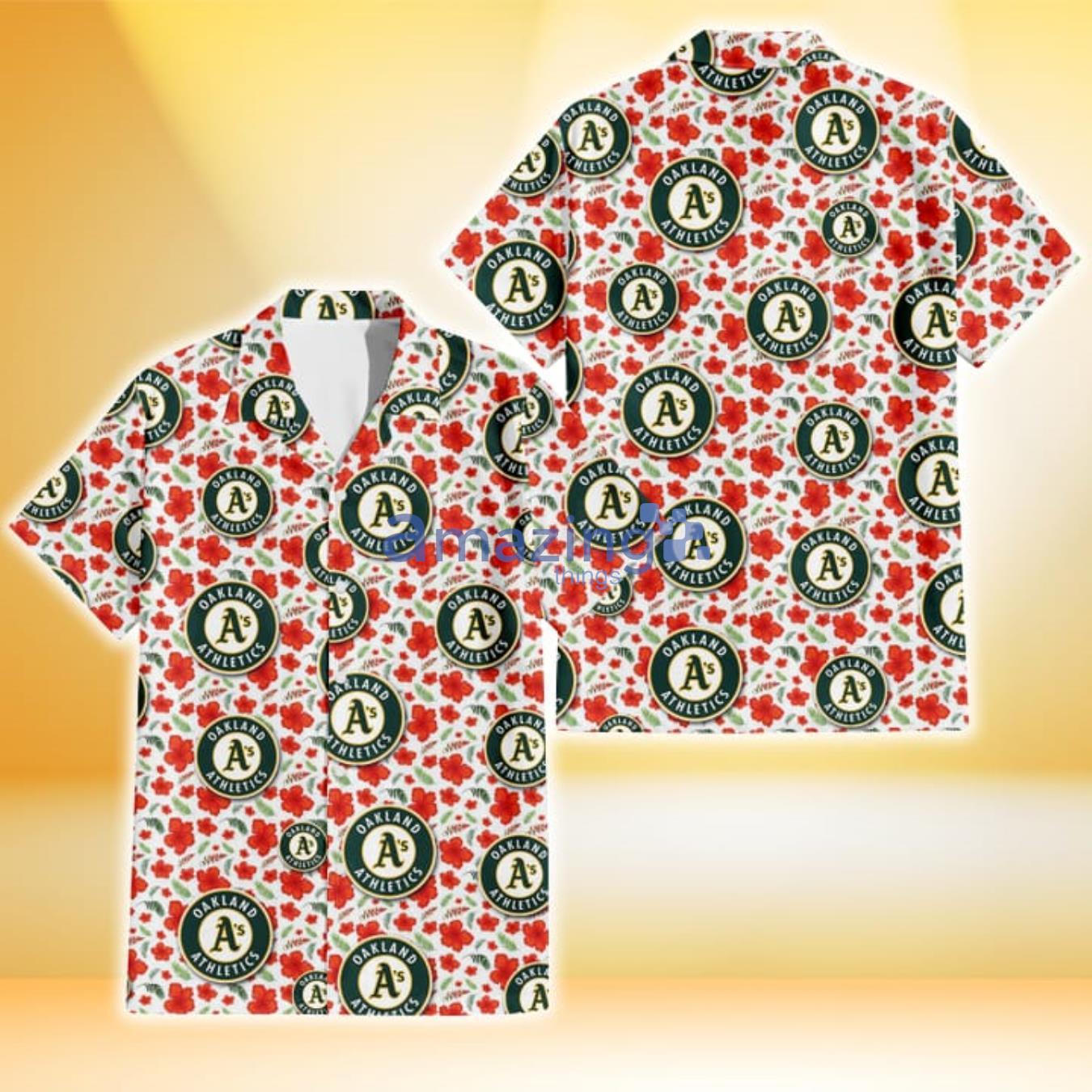 Oakland Athletics Tiny Red Hibiscus Green Leaf White Cube Background 3D Hawaiian Shirt Gift For Fans Product Photo 1