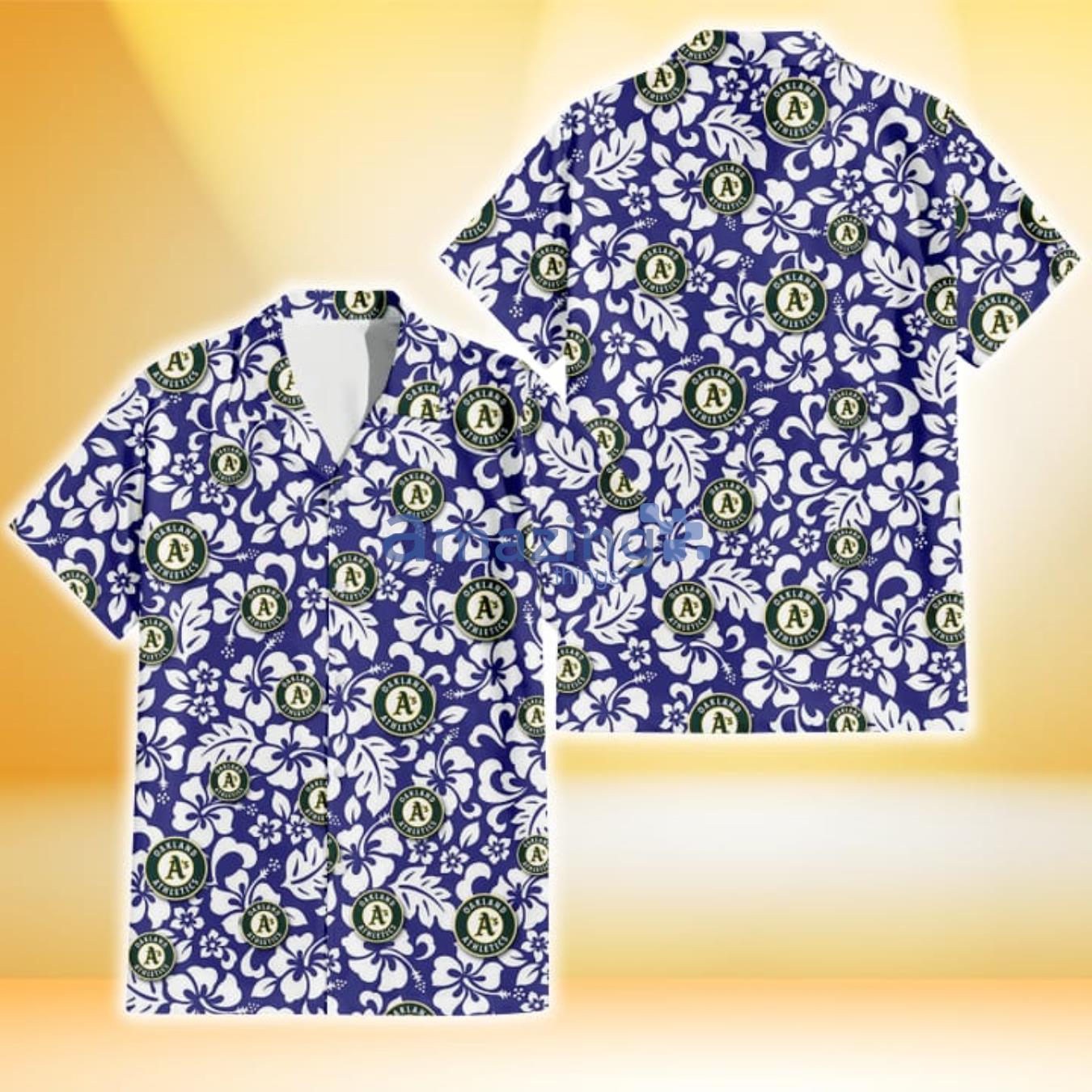 Oakland Athletics White Hibiscus Pattern Slate Blue Background 3D Hawaiian Shirt Gift For Fans Product Photo 1