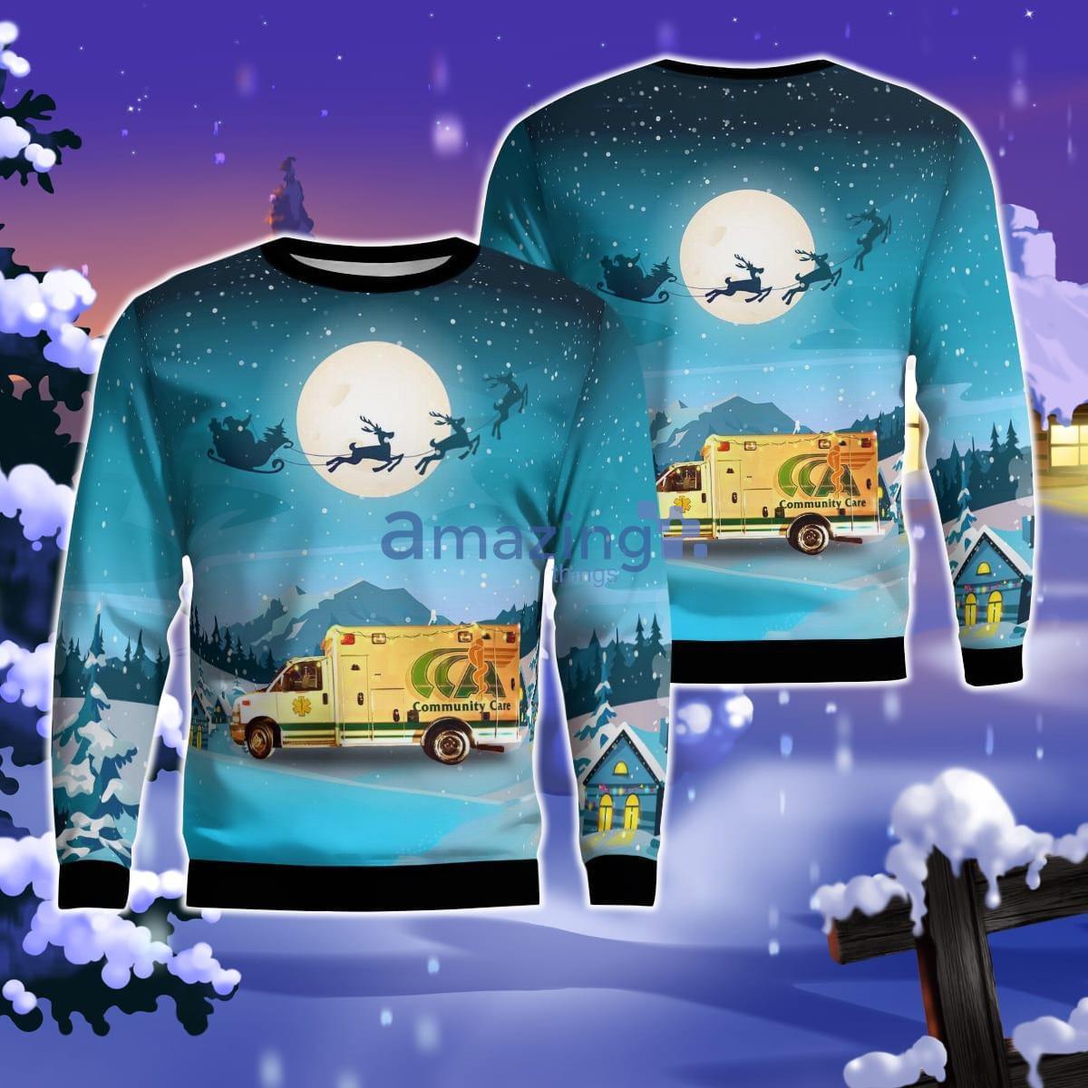 Oakwood, Ohio, Community Care Ambulance Christmas AOP Ugly Sweater Product Photo 1 Oakwood, Ohio, Community Care Ambulance Christmas AOP Ugly Sweater Product Photo 1