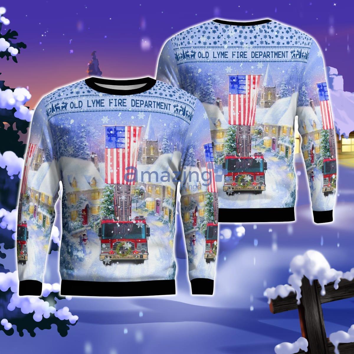 Old Lyme, Connecticut, Old Lyme Fire Department Christmas AOP Ugly Sweater Product Photo 1 Old Lyme, Connecticut, Old Lyme Fire Department Christmas AOP Ugly Sweater Product Photo 1