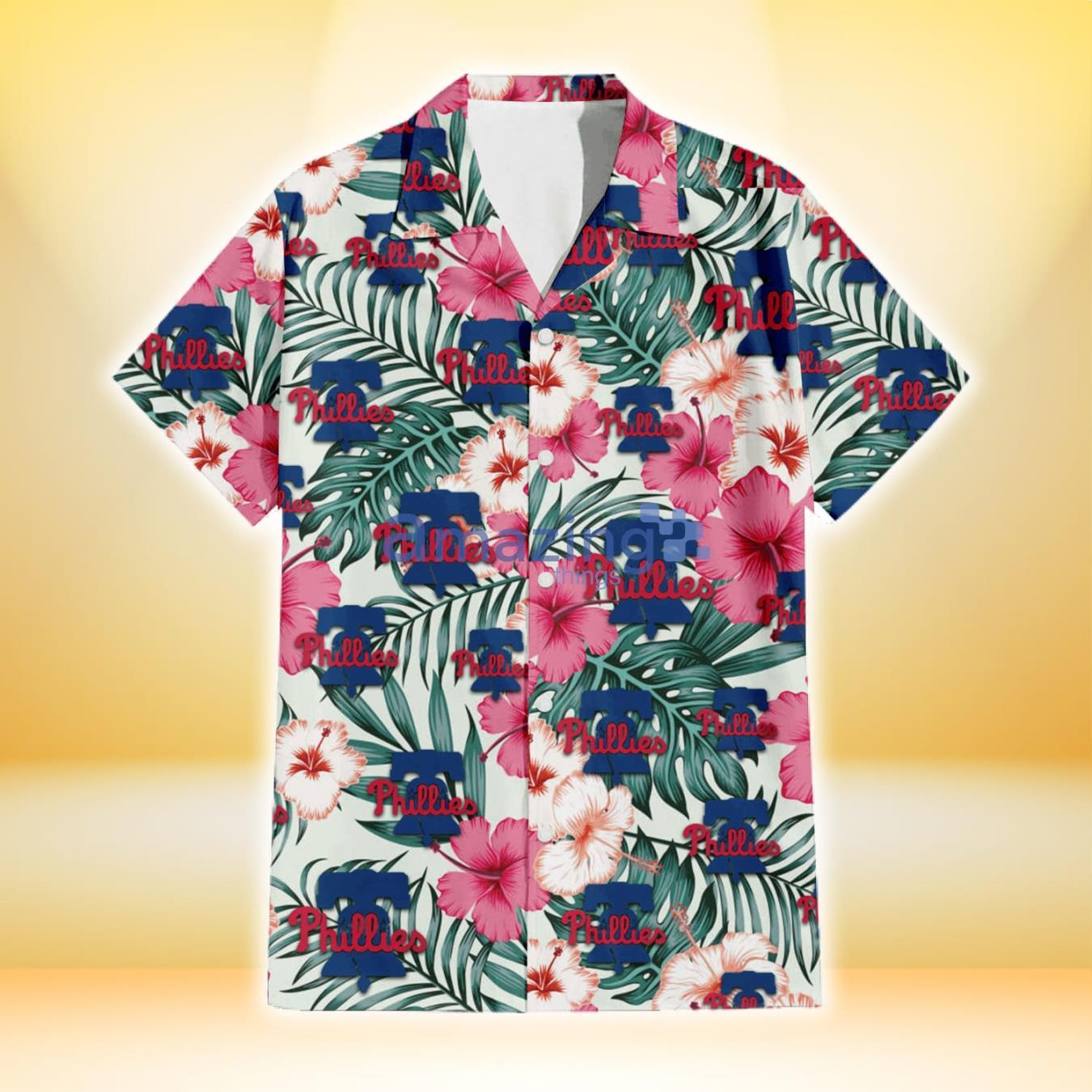 Philadelphia Phillies Coral Pink Hibiscus Green Leaf Beige Background 3D Hawaiian Shirt Gift For Fans image Philadelphia Phillies Coral Pink Hibiscus Green Leaf Beige Background 3D Hawaiian Shirt Gift For Fans Product Photo 2