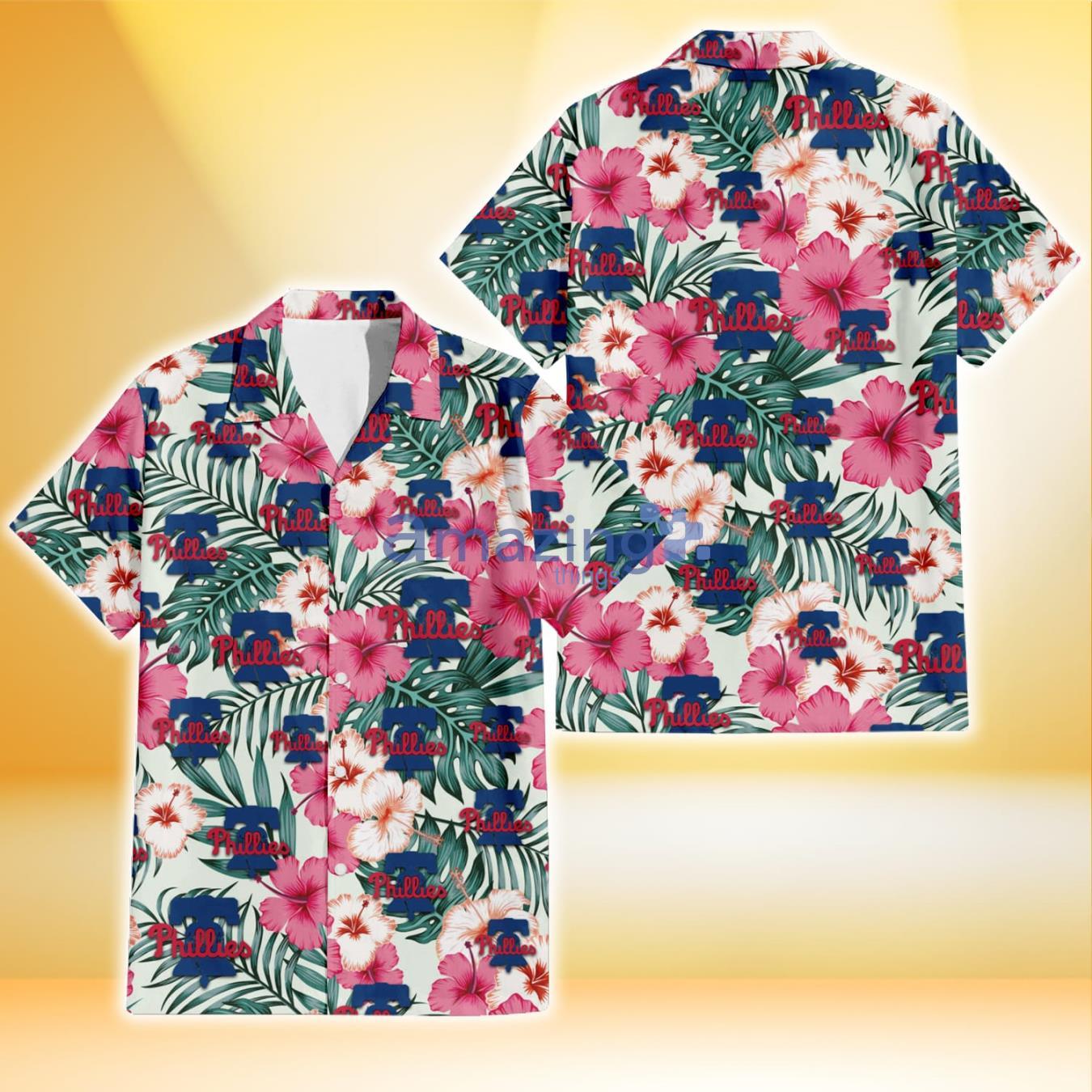 Philadelphia Phillies Coral Pink Hibiscus Green Leaf Beige Background 3D Hawaiian Shirt Gift For Fans Product Photo 1 Philadelphia Phillies Coral Pink Hibiscus Green Leaf Beige Background 3D Hawaiian Shirt Gift For Fans Product Photo 1