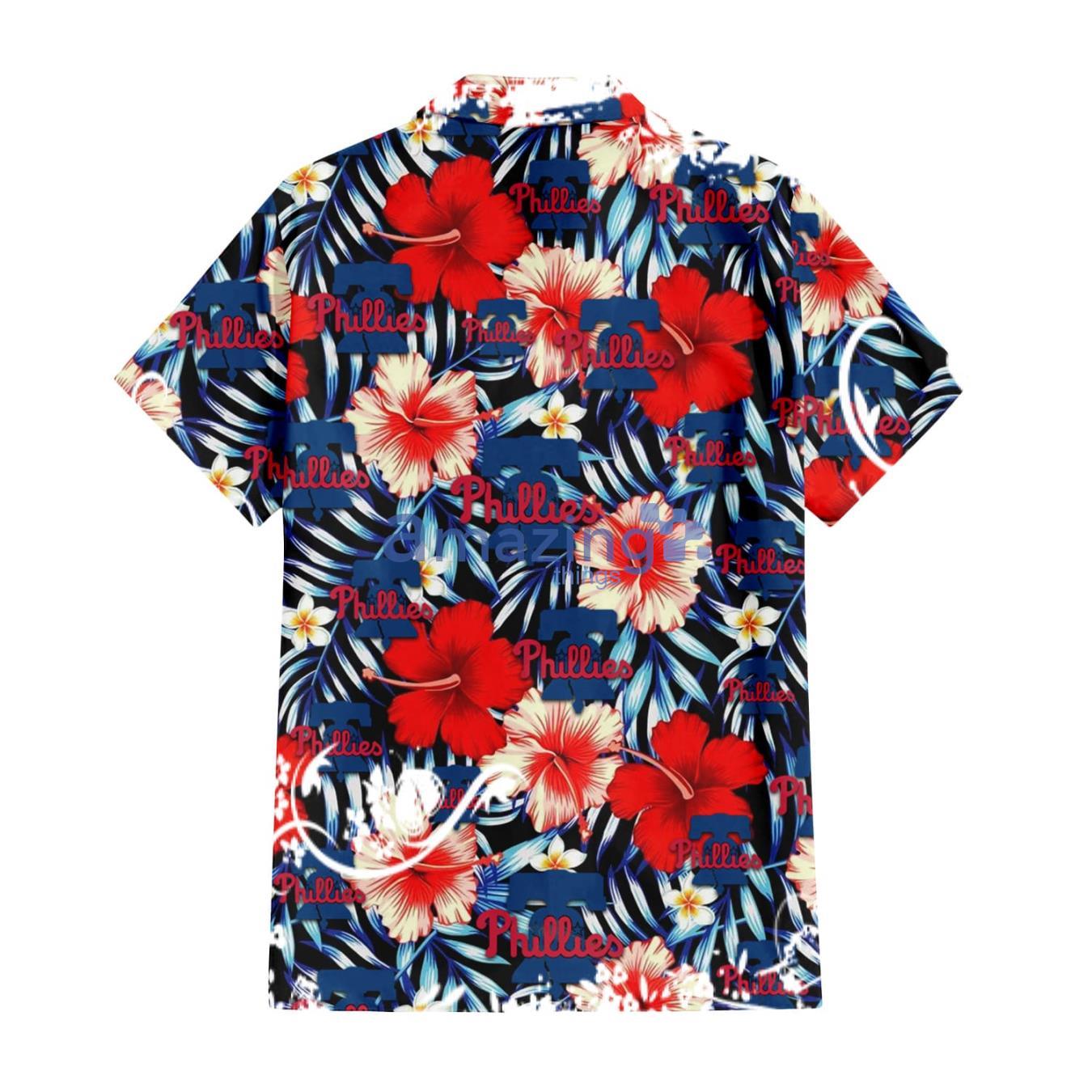 Philadelphia Phillies Coral Red Hibiscus Blue Palm Leaf Black Background 3D  Hawaiian Shirt Gift For Fans