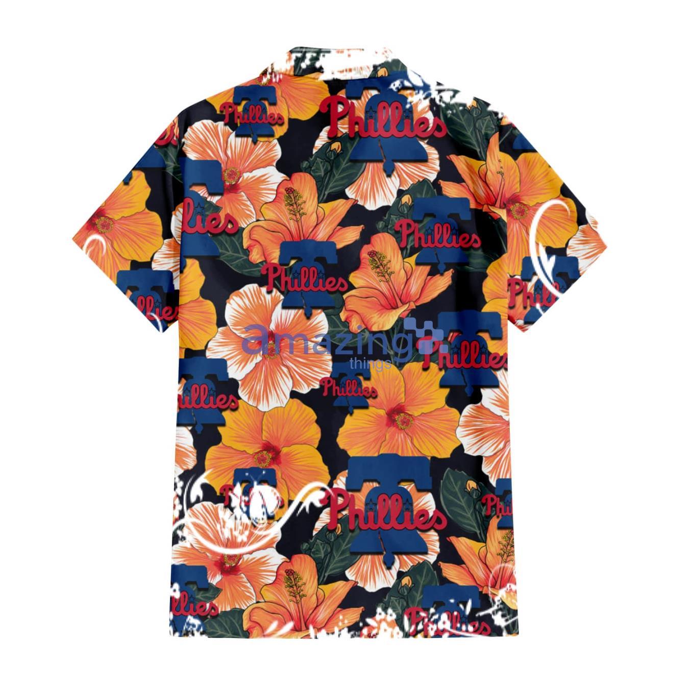 Philadelphia Phillies Orange Hibiscus Dark Green Leaf Black Background 3D Hawaiian Shirt Gift For Fans image Philadelphia Phillies Orange Hibiscus Dark Green Leaf Black Background 3D Hawaiian Shirt Gift For Fans Product Photo 3