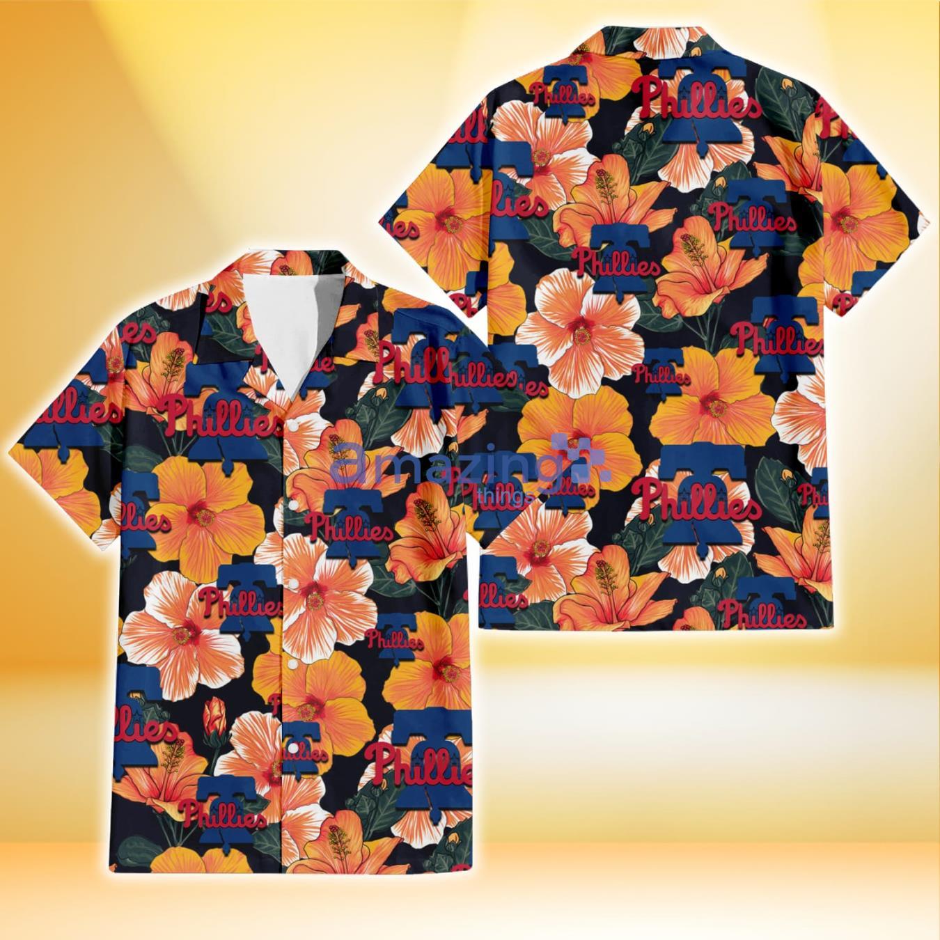 Philadelphia Phillies Pink Orange Yellow White Hibiscus Black Background 3D  Hawaiian Shirt Gift For Fans