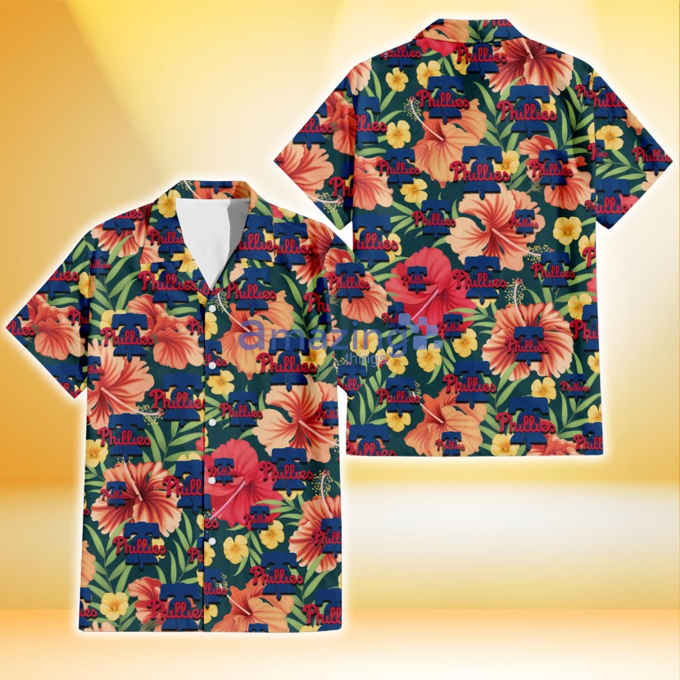 Philadelphia Phillies Orange Red Hibiscus Green Leaf Dark Background 3D Hawaiian Shirt Gift For Fans Product Photo 1