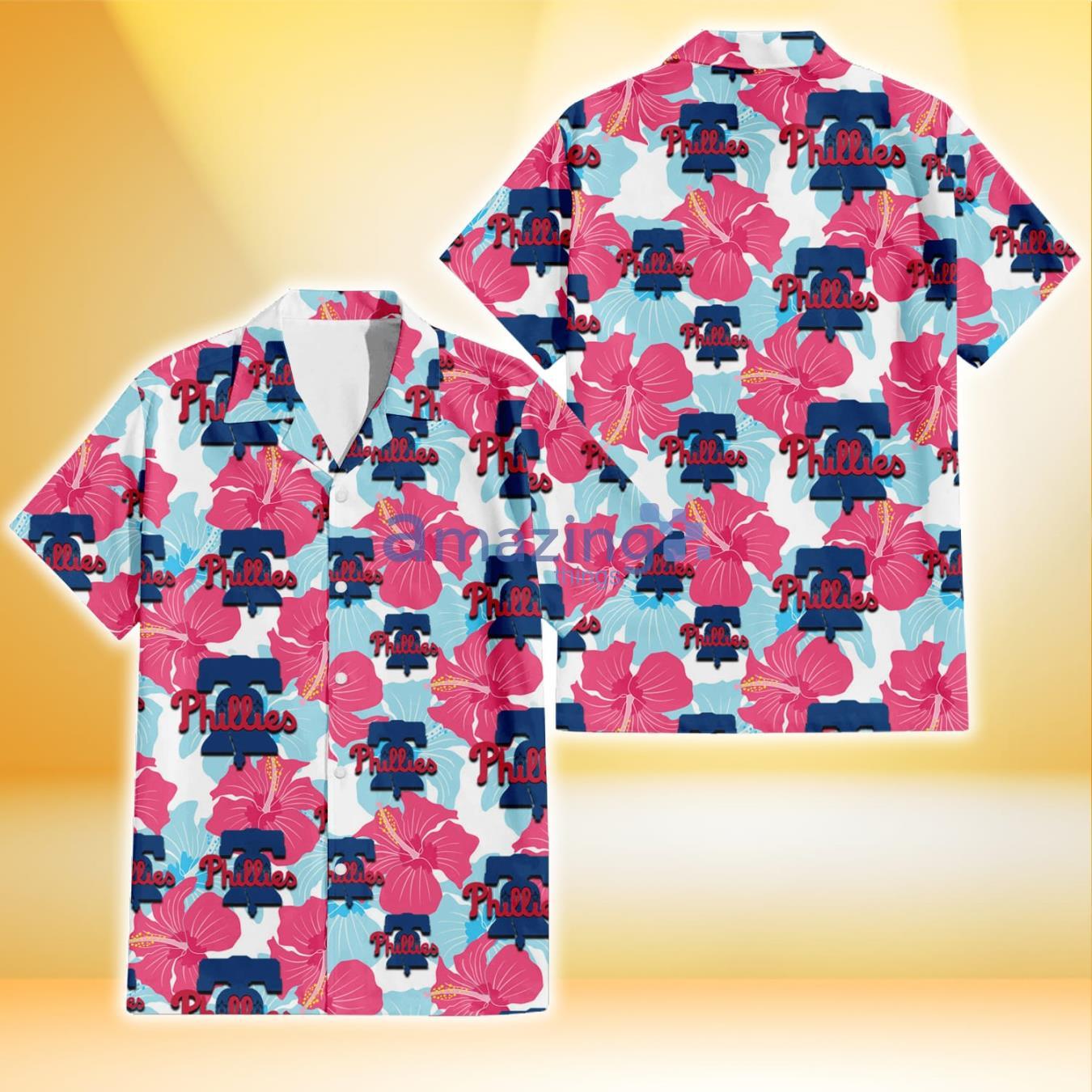 Philadelphia Phillies Pink Blue Hibiscus White Background 3D Hawaiian Shirt Gift For Fans Product Photo 1