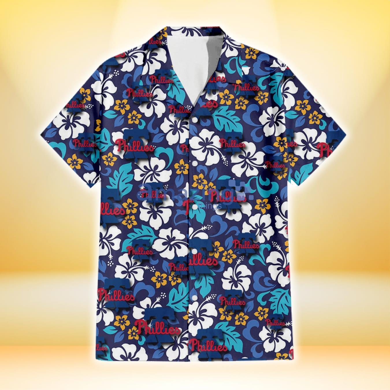 Philadelphia Phillies White Hibiscus Ceramic Style Navy Background 3D Hawaiian Shirt Gift For Fans image Philadelphia Phillies White Hibiscus Ceramic Style Navy Background 3D Hawaiian Shirt Gift For Fans Product Photo 2