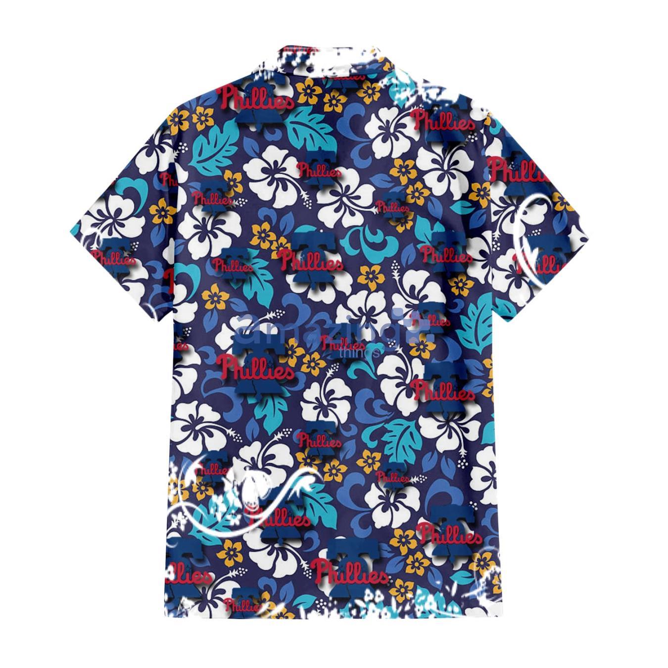Philadelphia Phillies White Hibiscus Ceramic Style Navy Background 3D Hawaiian Shirt Gift For Fans image Philadelphia Phillies White Hibiscus Ceramic Style Navy Background 3D Hawaiian Shirt Gift For Fans Product Photo 3