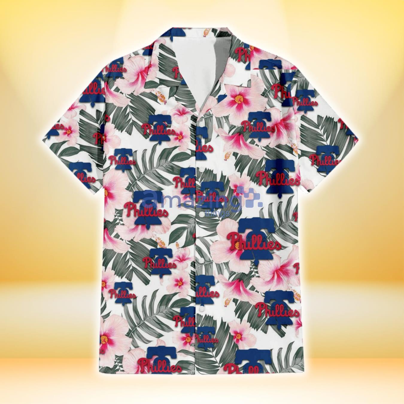 Philadelphia Phillies White Hibiscus Green Leaf White Background 3D Hawaiian Shirt Gift For Fans image Philadelphia Phillies White Hibiscus Green Leaf White Background 3D Hawaiian Shirt Gift For Fans Product Photo 2