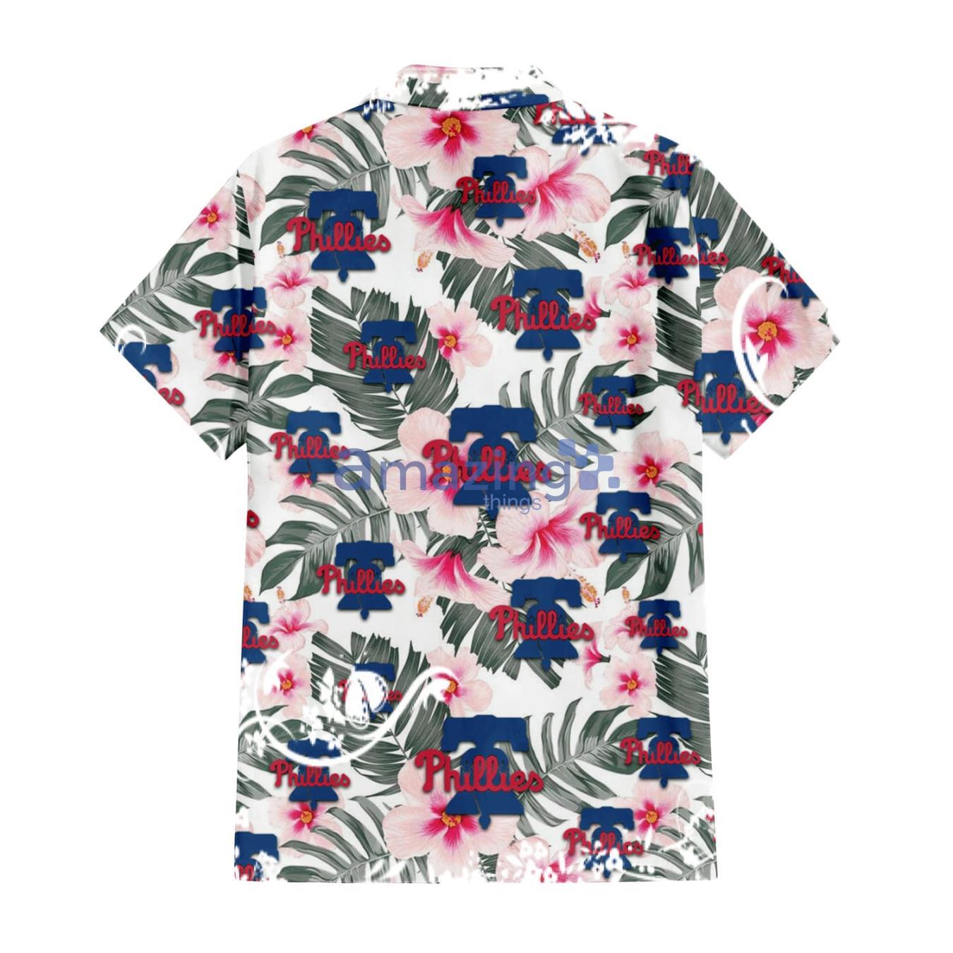 Philadelphia Phillies White Hibiscus Green Leaf White Background 3D Hawaiian Shirt Gift For Fans image Philadelphia Phillies White Hibiscus Green Leaf White Background 3D Hawaiian Shirt Gift For Fans Product Photo 3