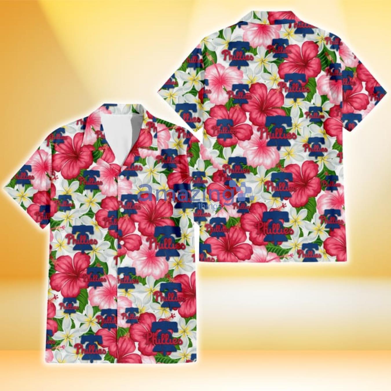 Philadelphia Phillies White Porcelain Flower Pink Hibiscus White Background 3D Hawaiian Shirt Gift For Fans Product Photo 1