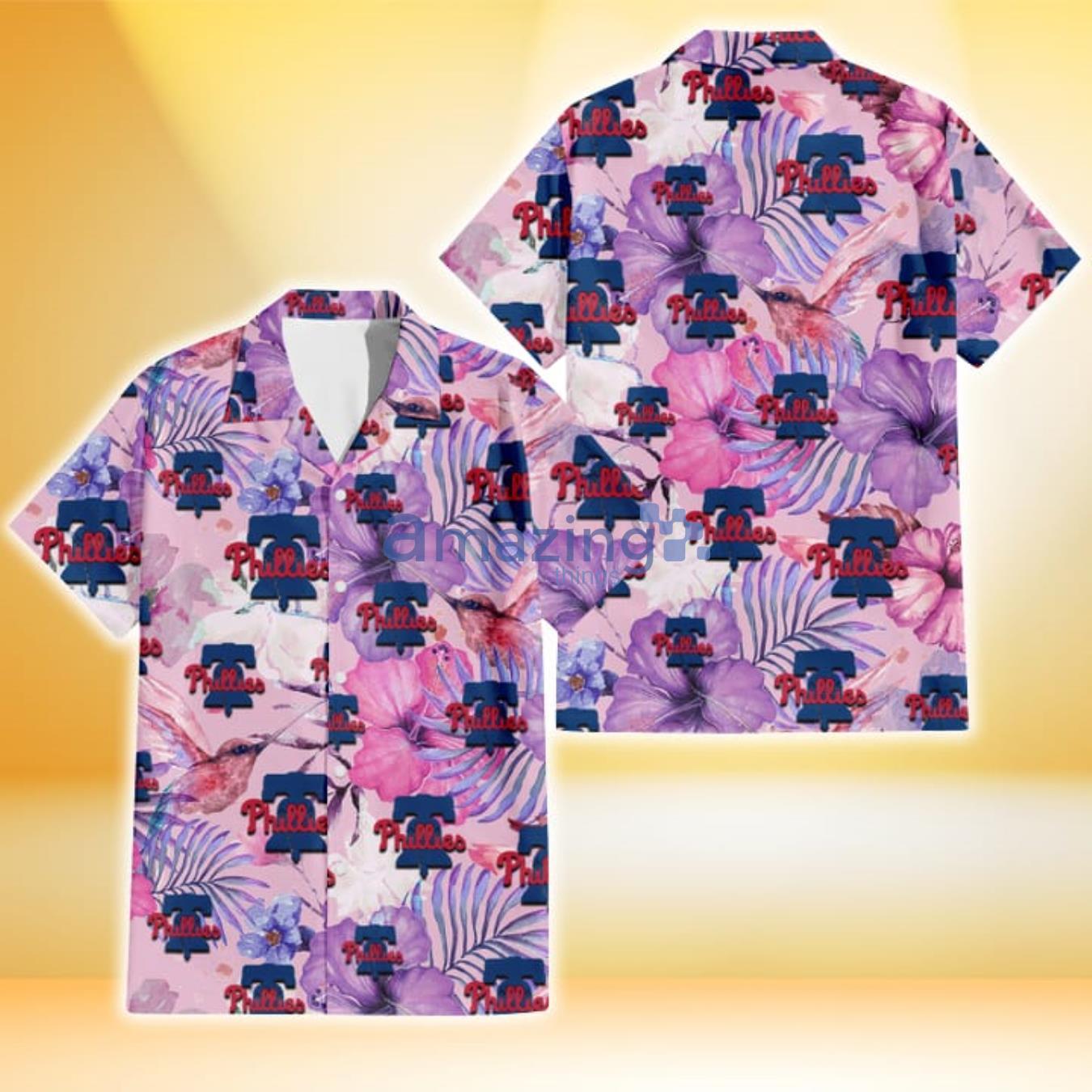 Philadelphia Phillies White Purple Hibiscus Pink Hummingbird Pink Background 3D Hawaiian Shirt Gift For Fans Product Photo 1