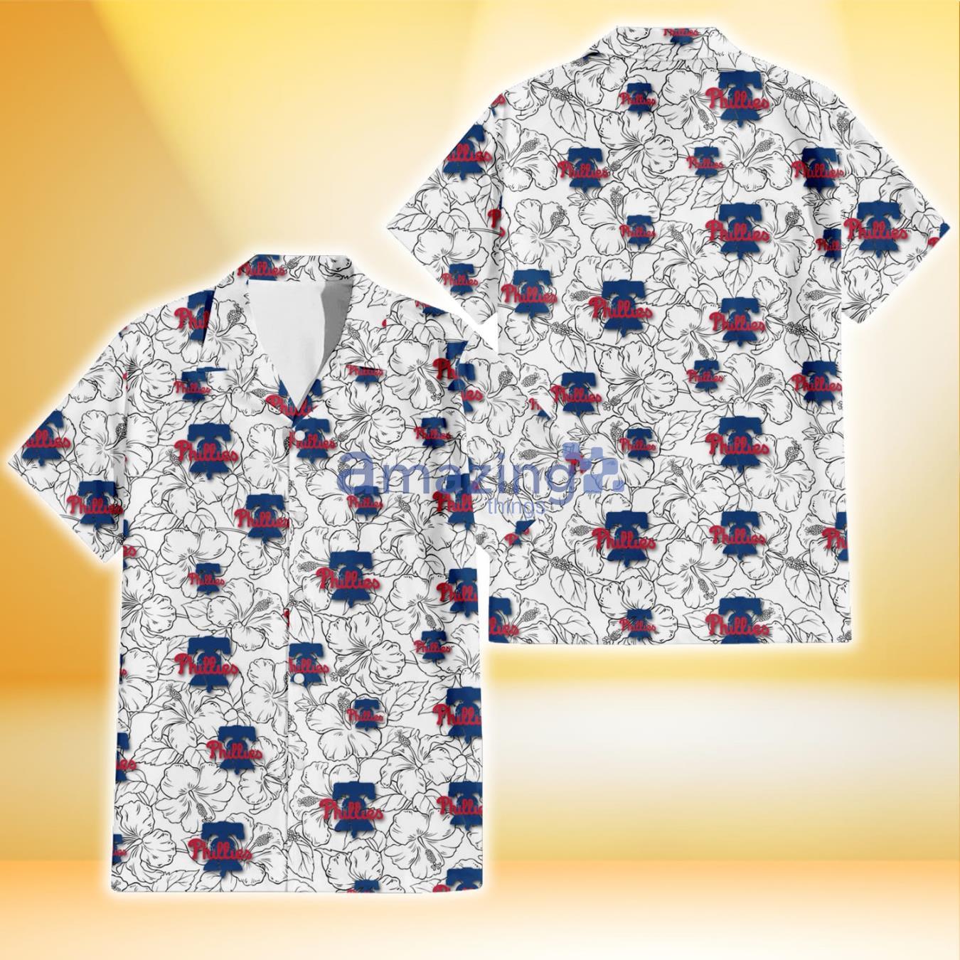 Philadelphia Phillies White Sketch Hibiscus Pattern White Background 3D Hawaiian Shirt Gift For Fans Product Photo 1
