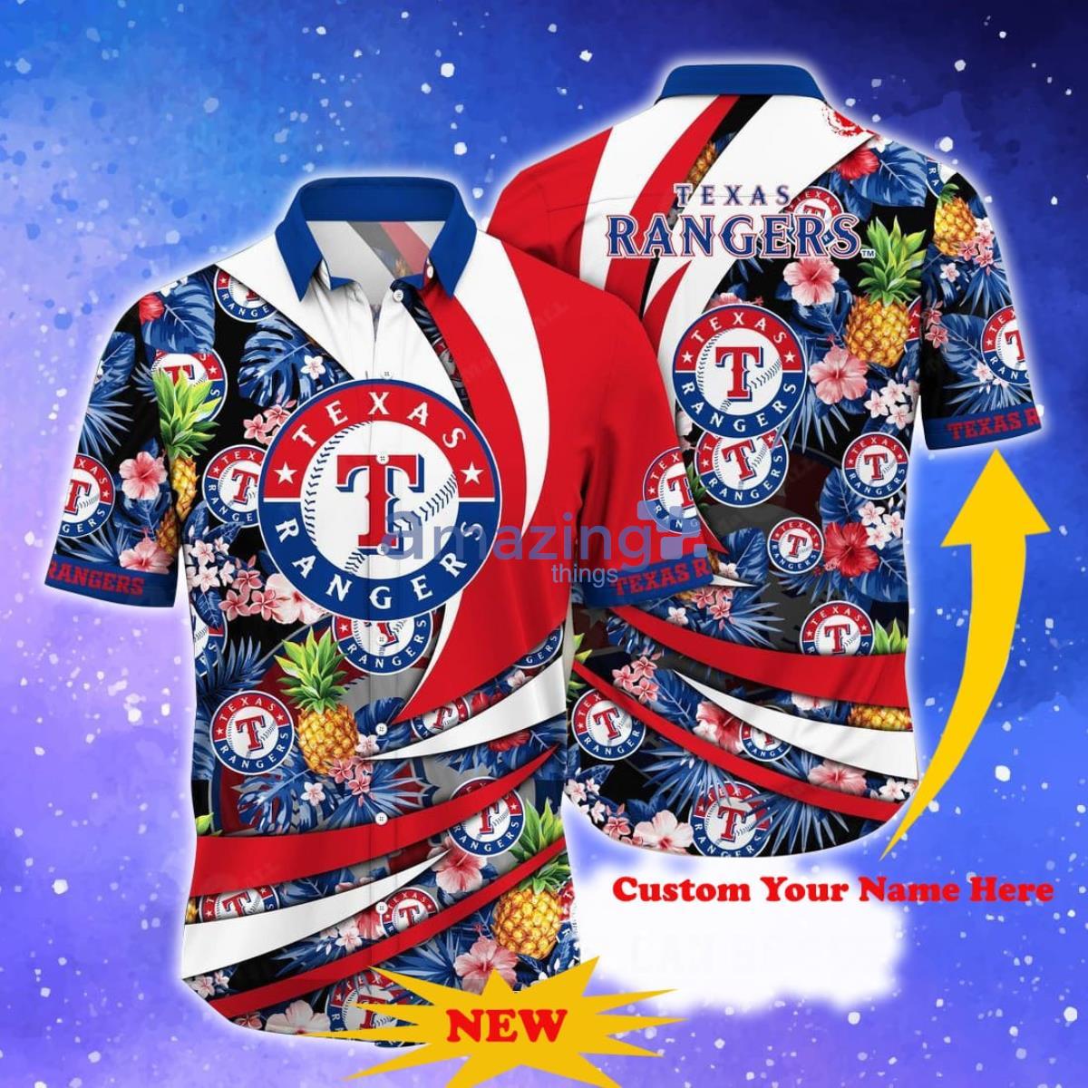 Custom Name MLB Texas Rangers Special Hawaiian Design Button Shirt