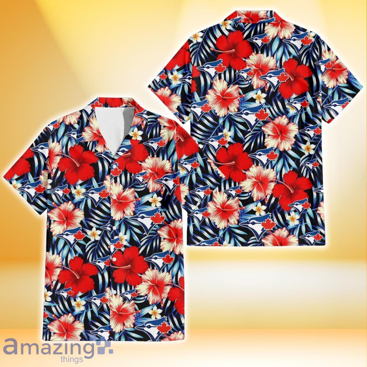 Toronto Blue Jays Coral Red Hibiscus Blue Palm Leaf Black Background 3D Hawaiian Shirt Gift For Fans Product Photo 1