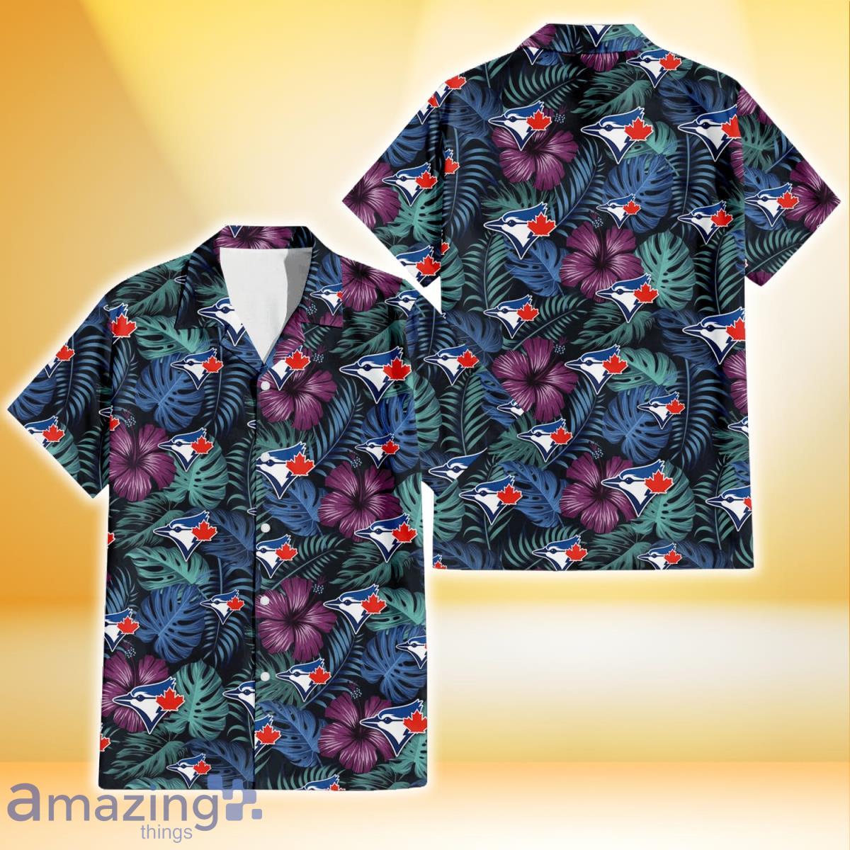 Toronto Blue Jays Dark Magenta Green Leaf Black Background 3D Hawaiian Shirt Gift For Fans Product Photo 1