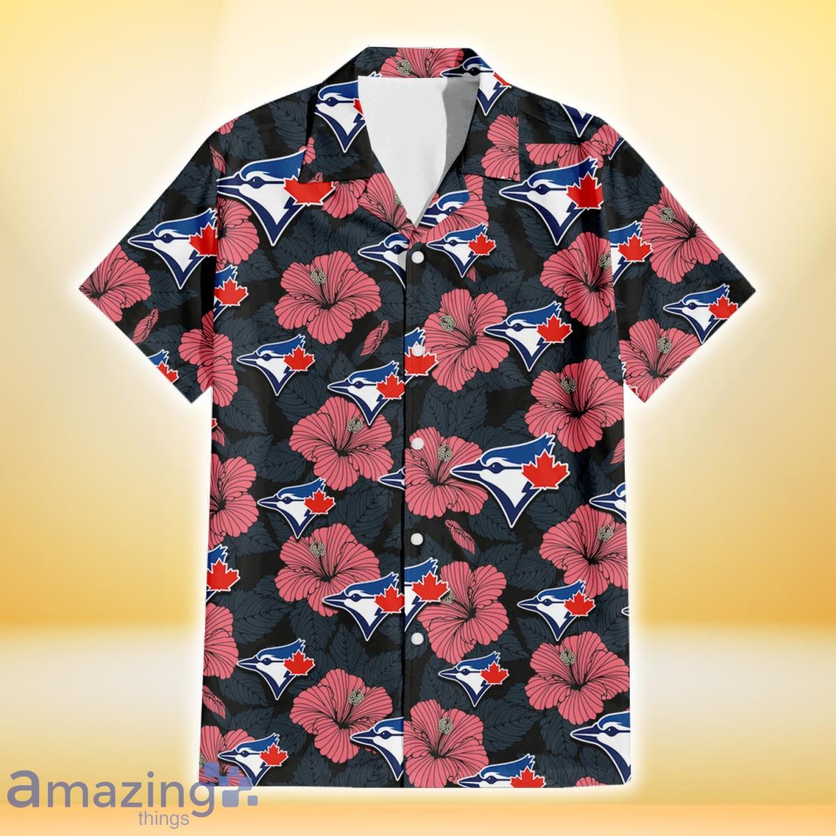Toronto Blue Jays Light Coral Hibiscus Gray Leaf Black Background 3D Hawaiian Shirt Gift For Fans image Toronto Blue Jays Light Coral Hibiscus Gray Leaf Black Background 3D Hawaiian Shirt Gift For Fans Product Photo 2