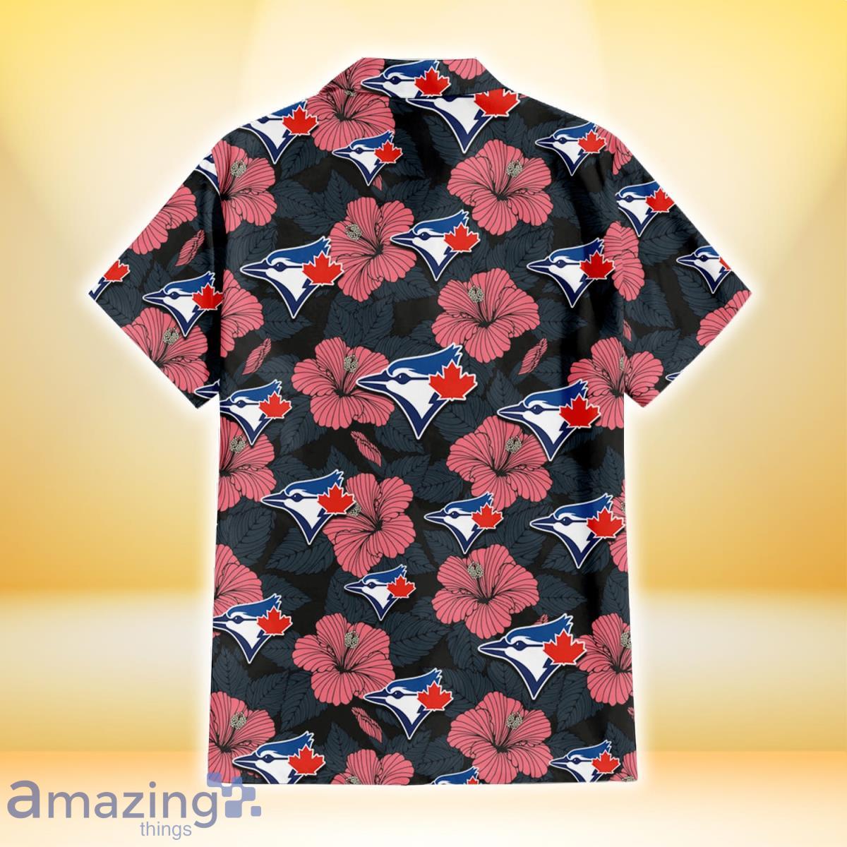 Toronto Blue Jays Light Coral Hibiscus Gray Leaf Black Background 3D Hawaiian Shirt Gift For Fans image Toronto Blue Jays Light Coral Hibiscus Gray Leaf Black Background 3D Hawaiian Shirt Gift For Fans Product Photo 3
